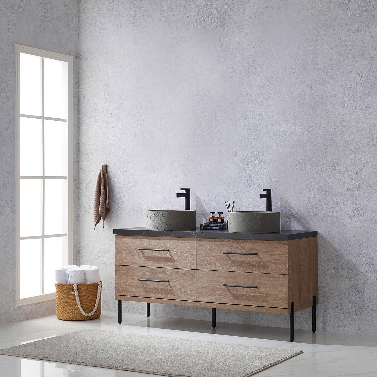 Trento 60" Double Vanity in North American Oak with Black Sintered Stone Top with Natural Circular Concrete Sink