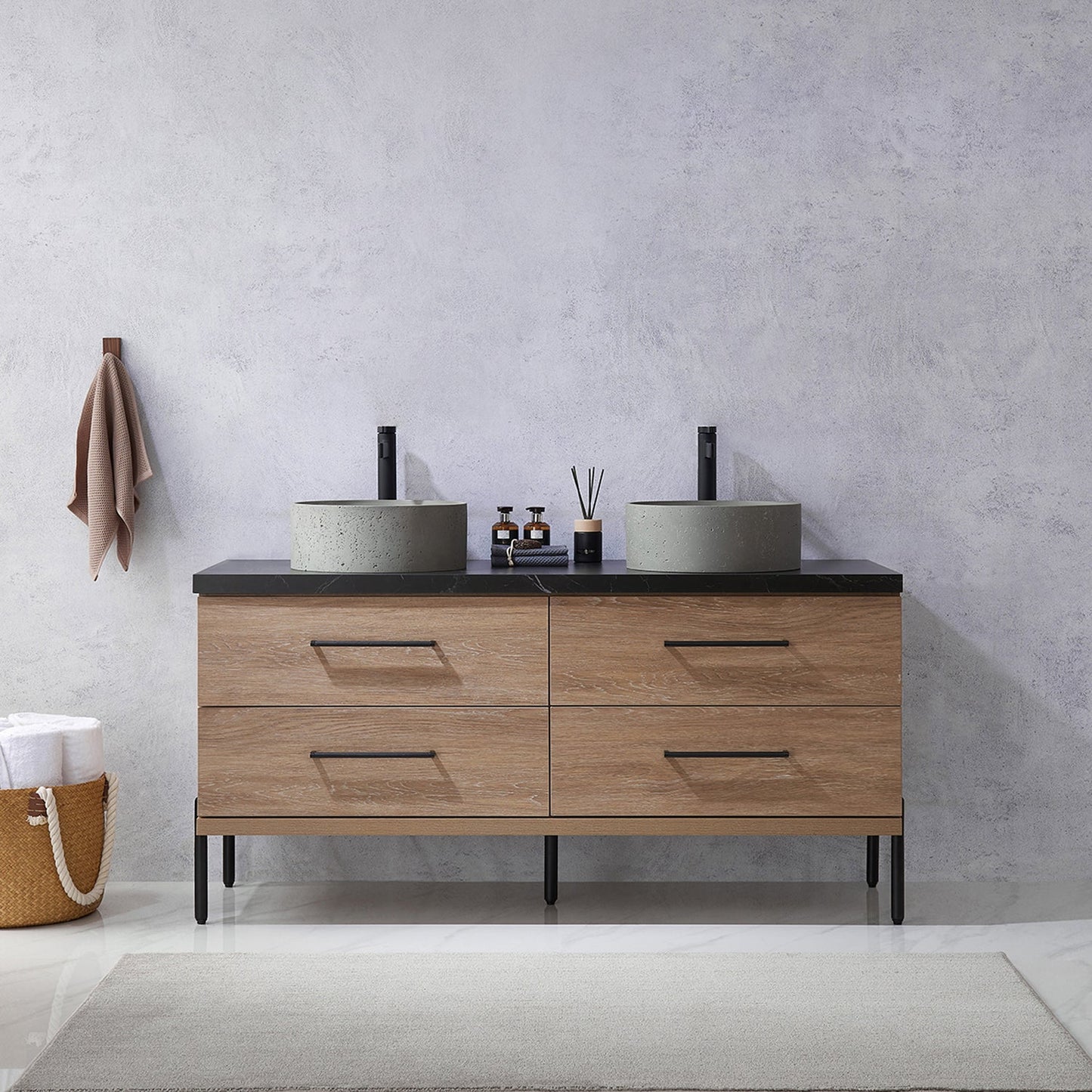 Trento 60" Double Vanity in North American Oak with Black Sintered Stone Top with Natural Circular Concrete Sink