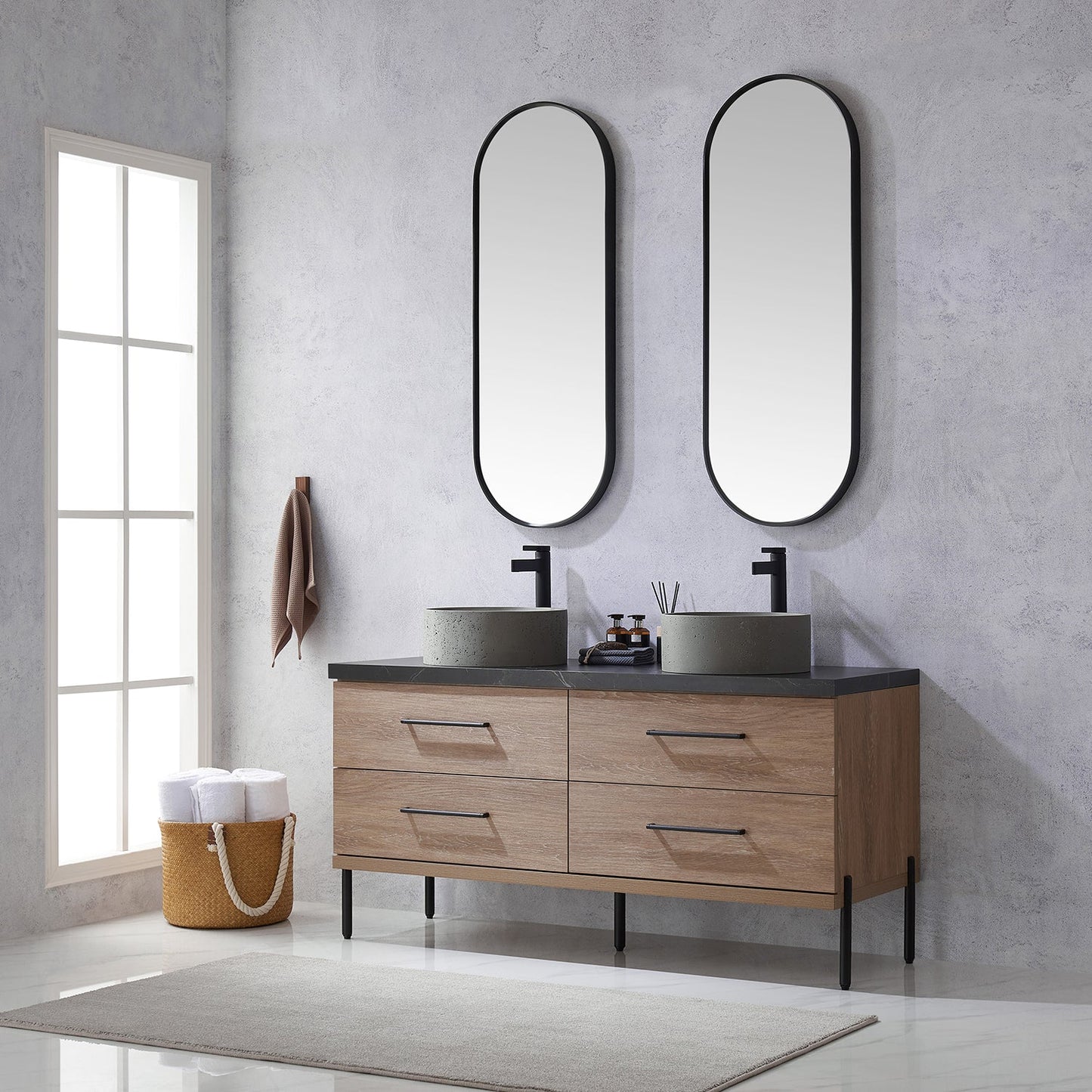 Trento 60" Double Vanity in North American Oak with Black Sintered Stone Top with Natural Circular Concrete Sink