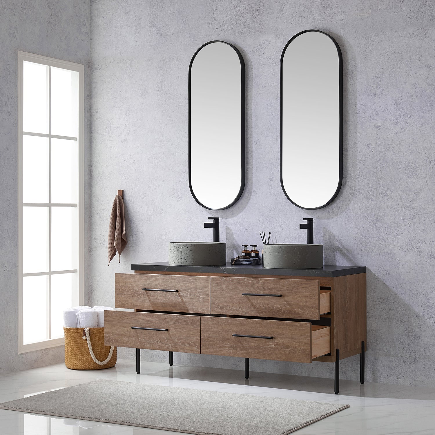 Trento 60" Double Vanity in North American Oak with Black Sintered Stone Top with Natural Circular Concrete Sink