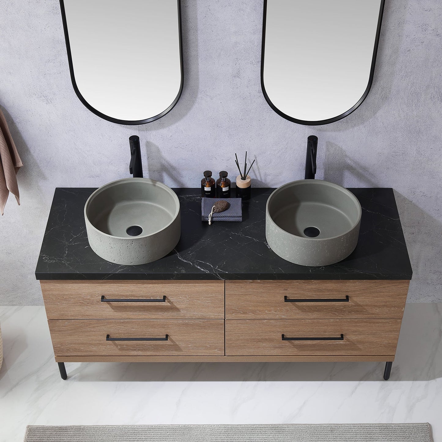 Trento 60" Double Vanity in North American Oak with Black Sintered Stone Top with Natural Circular Concrete Sink