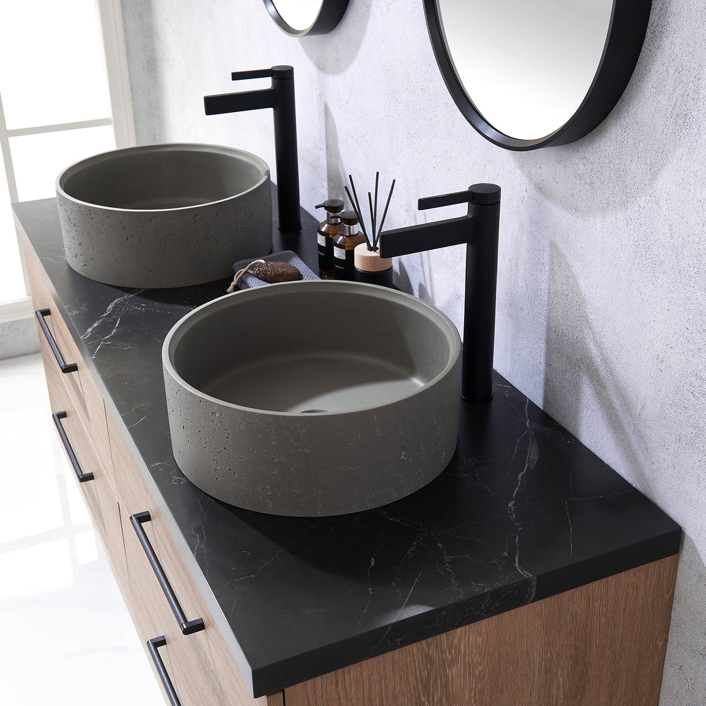 Trento 60" Double Vanity in North American Oak with Black Sintered Stone Top with Natural Circular Concrete Sink