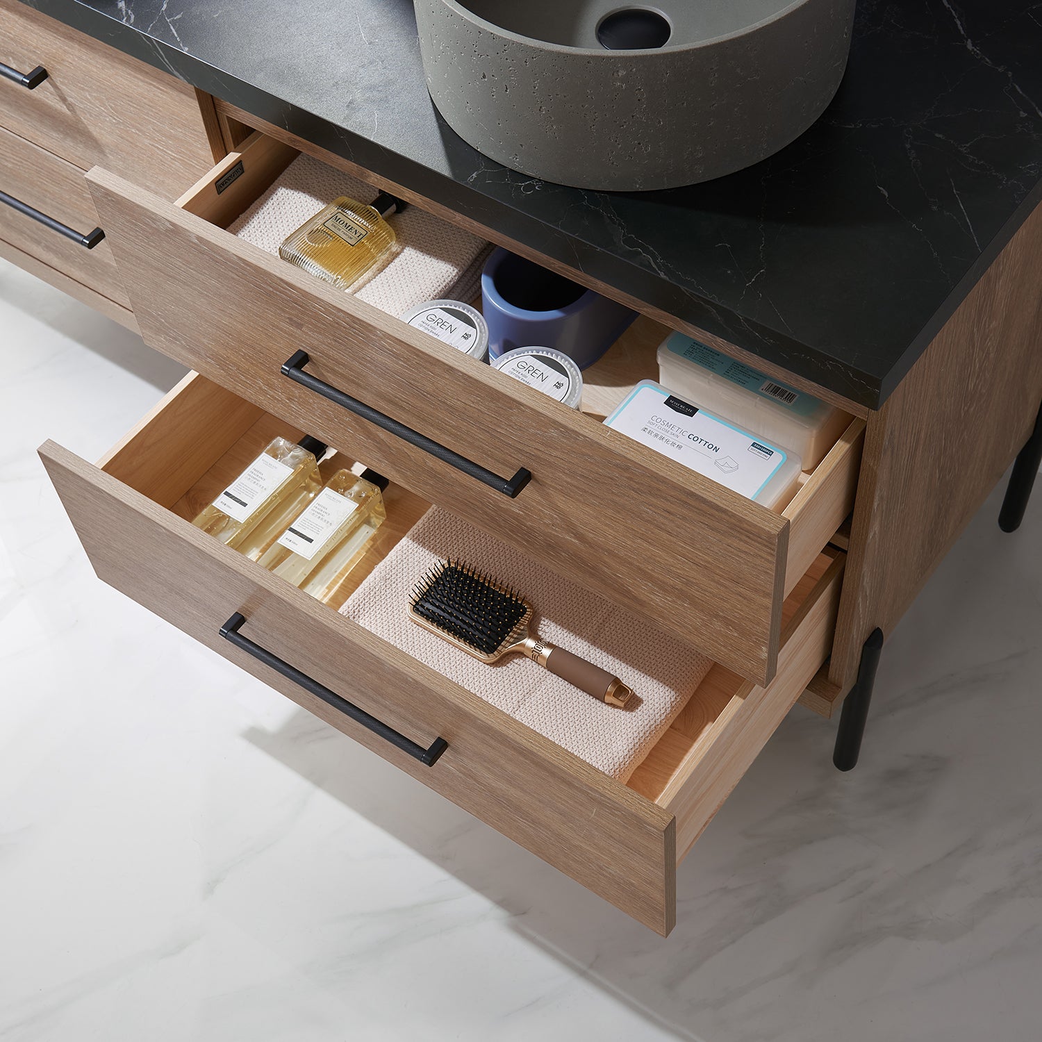 Trento 60" Double Vanity in North American Oak with Black Sintered Stone Top with Natural Circular Concrete Sink