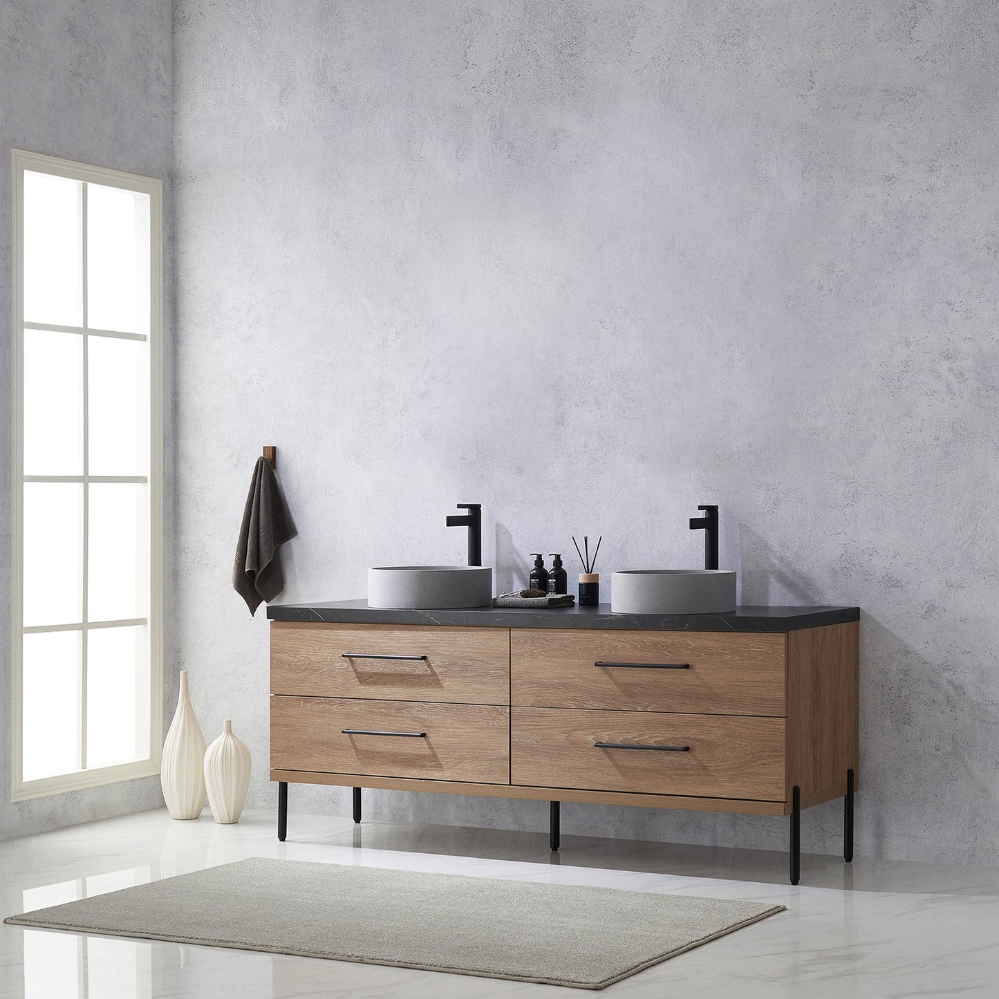 Trento 72" Double Vanity in North American Oak with Black Sintered Stone Top with Circular Concrete Sink