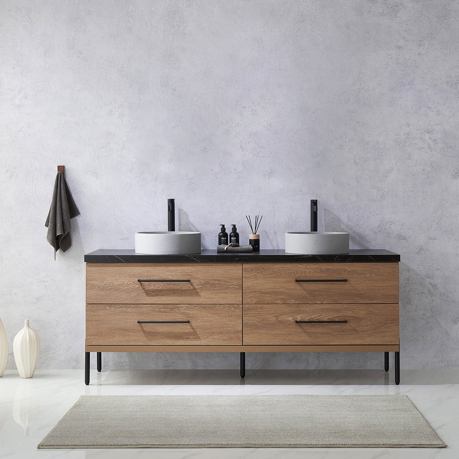 Trento 72" Double Vanity in North American Oak with Black Sintered Stone Top with Circular Concrete Sink