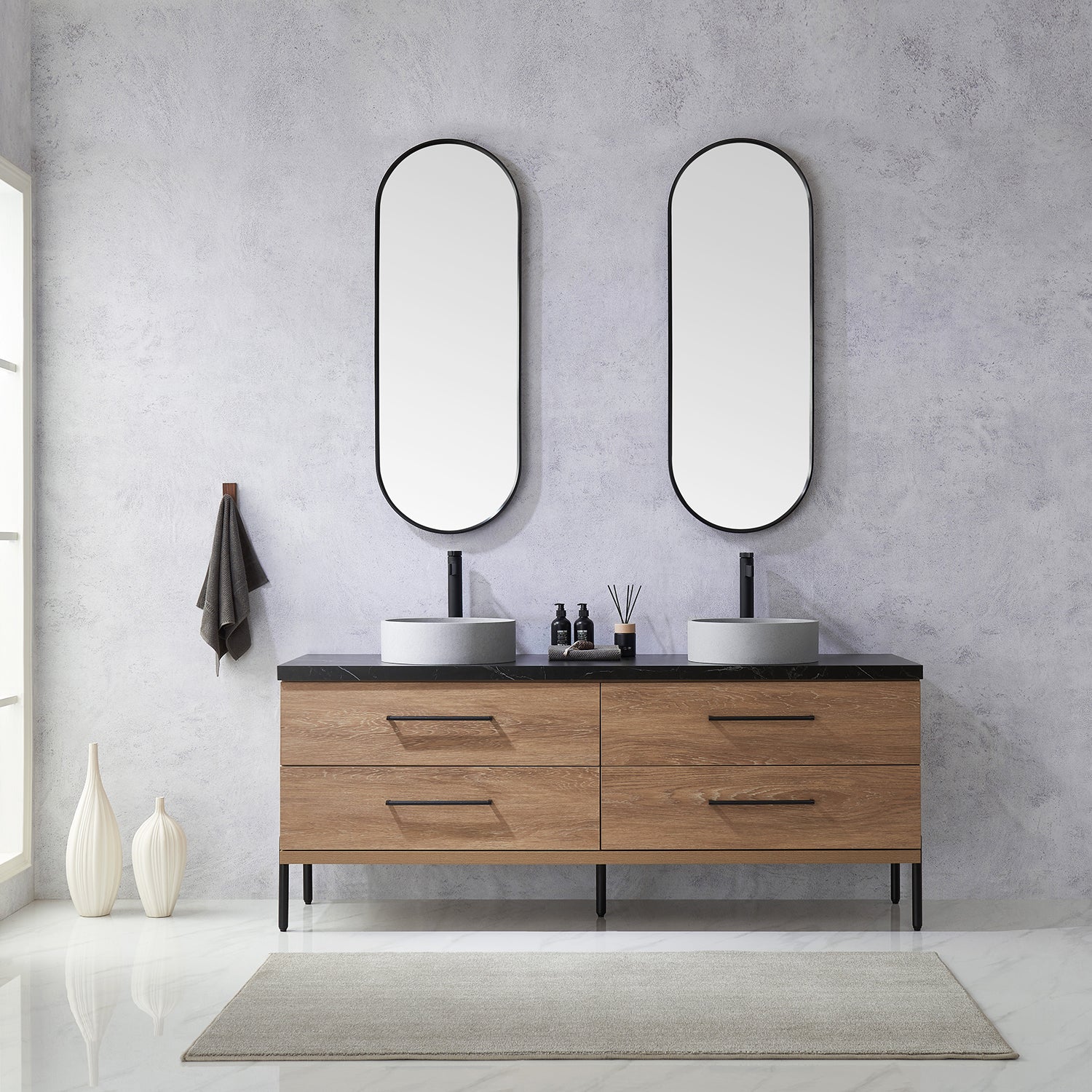 Trento 72" Double Vanity in North American Oak with Black Sintered Stone Top with Circular Concrete Sink