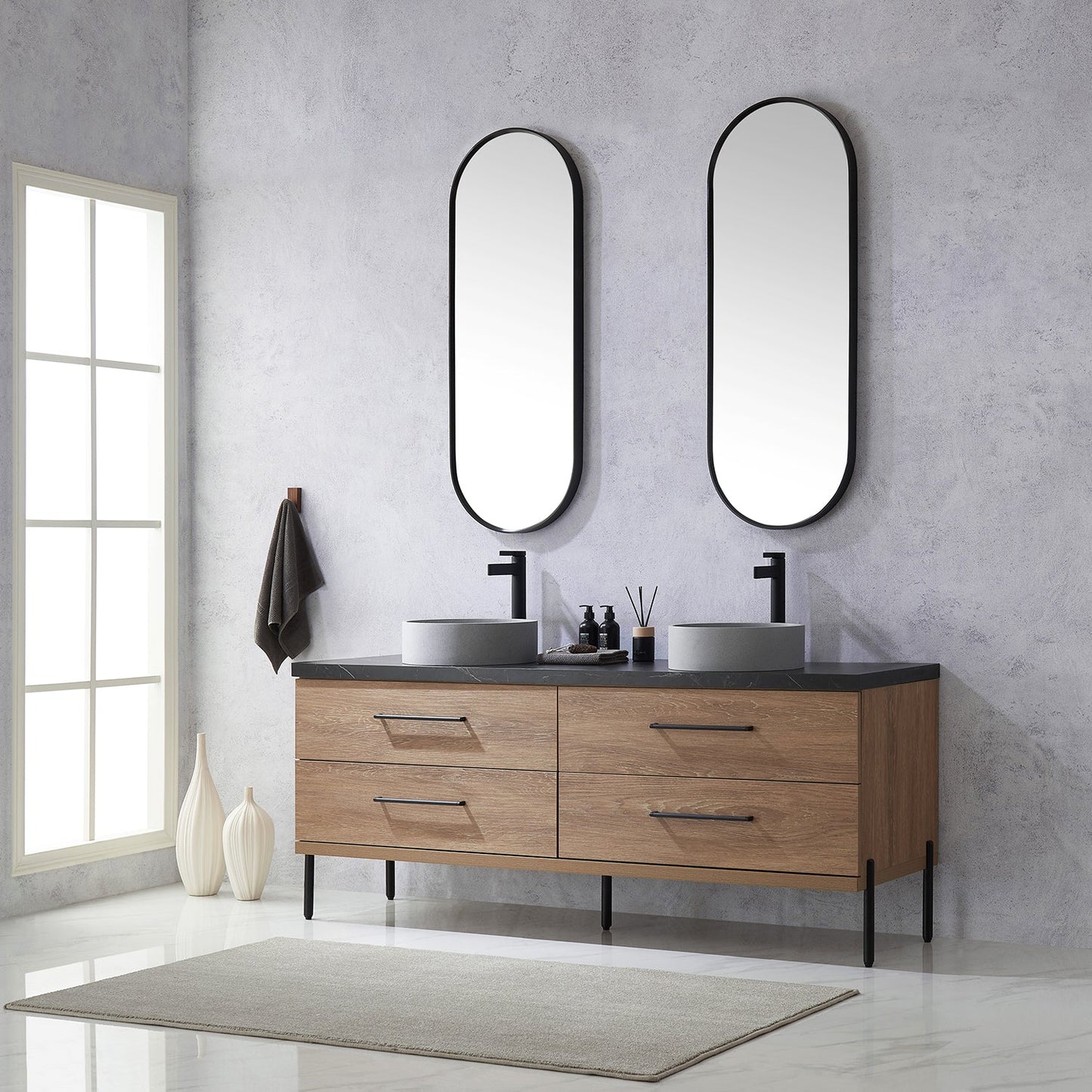 Trento 72" Double Vanity in North American Oak with Black Sintered Stone Top with Circular Concrete Sink