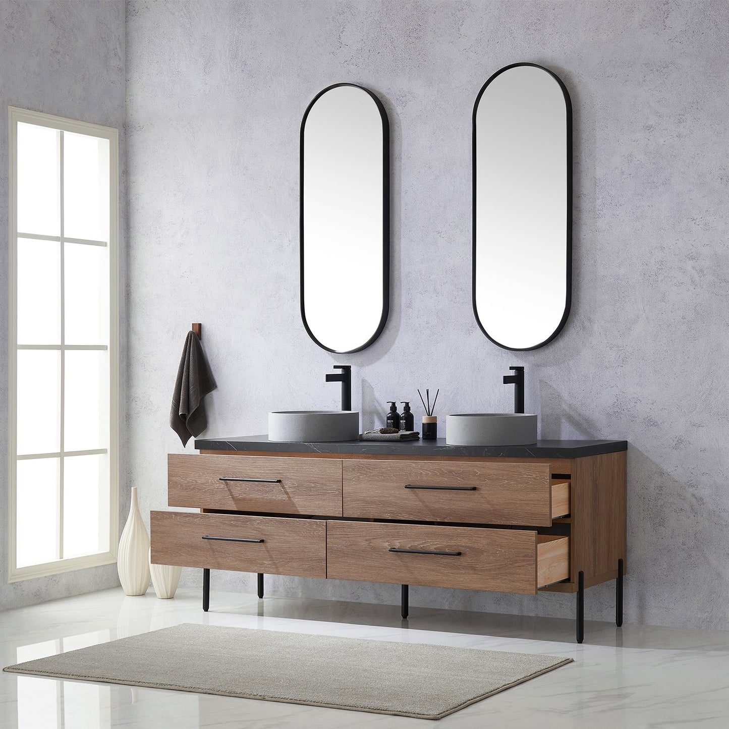 Trento 72" Double Vanity in North American Oak with Black Sintered Stone Top with Circular Concrete Sink