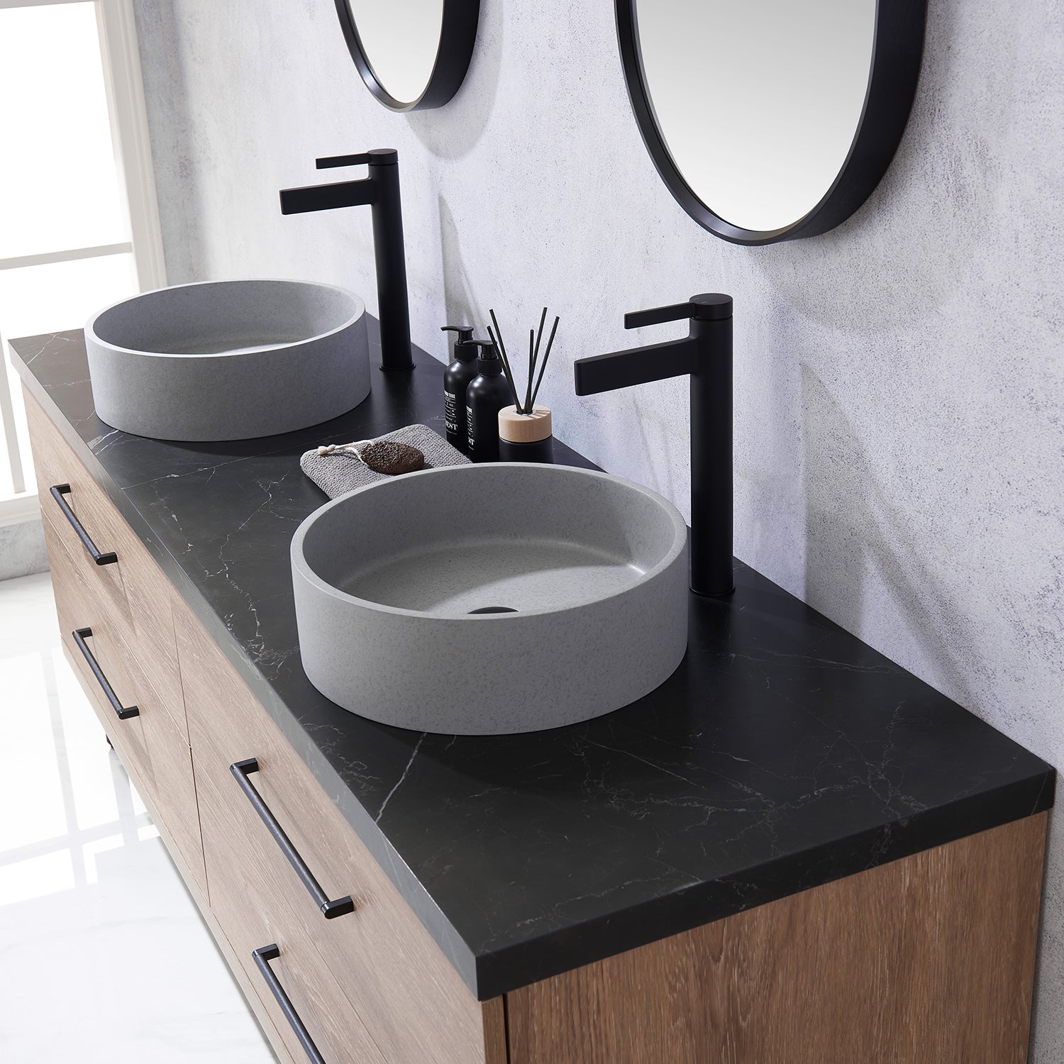 Trento 72" Double Vanity in North American Oak with Black Sintered Stone Top with Circular Concrete Sink