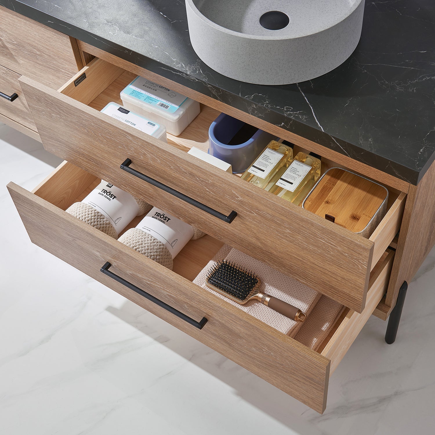 Trento 72" Double Vanity in North American Oak with Black Sintered Stone Top with Circular Concrete Sink