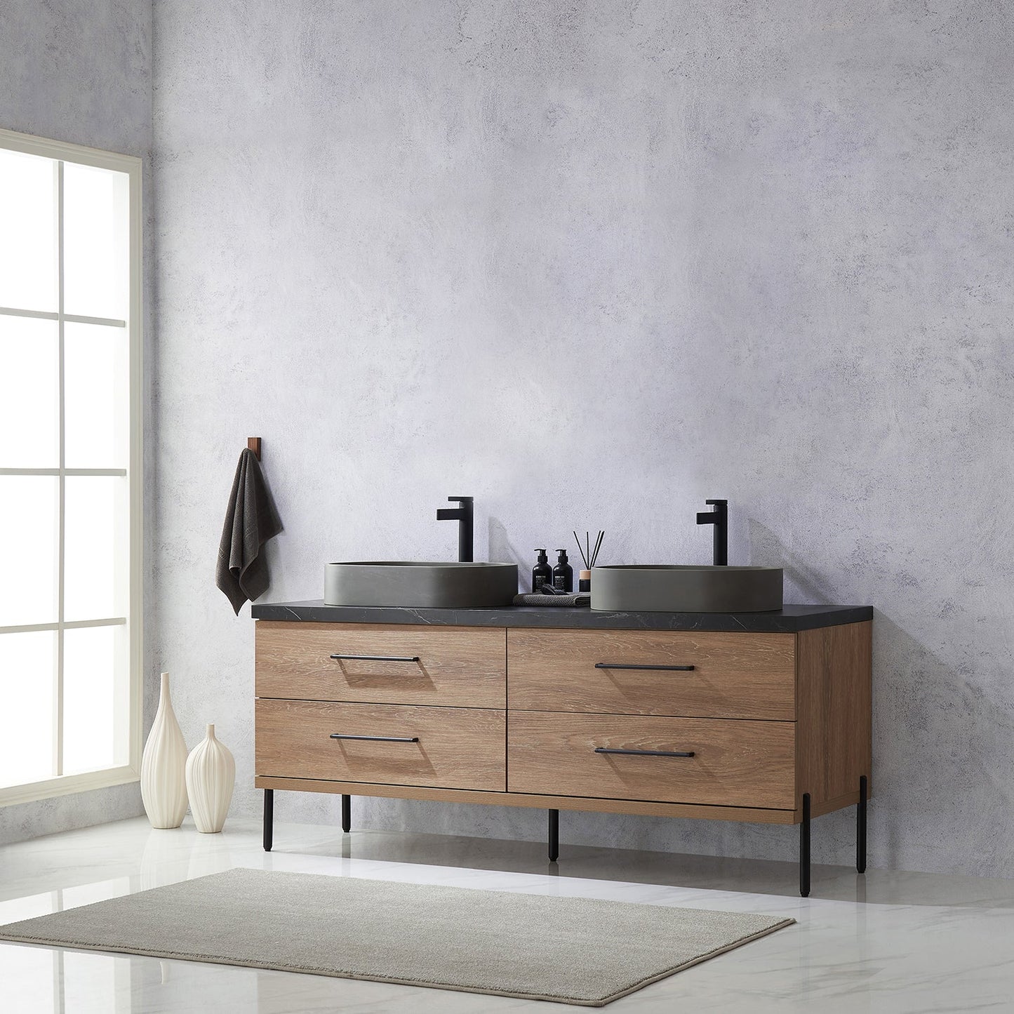 Trento 72" Double Vanity in North American Oak with Black Sintered Stone Top with Oval Concrete Sink