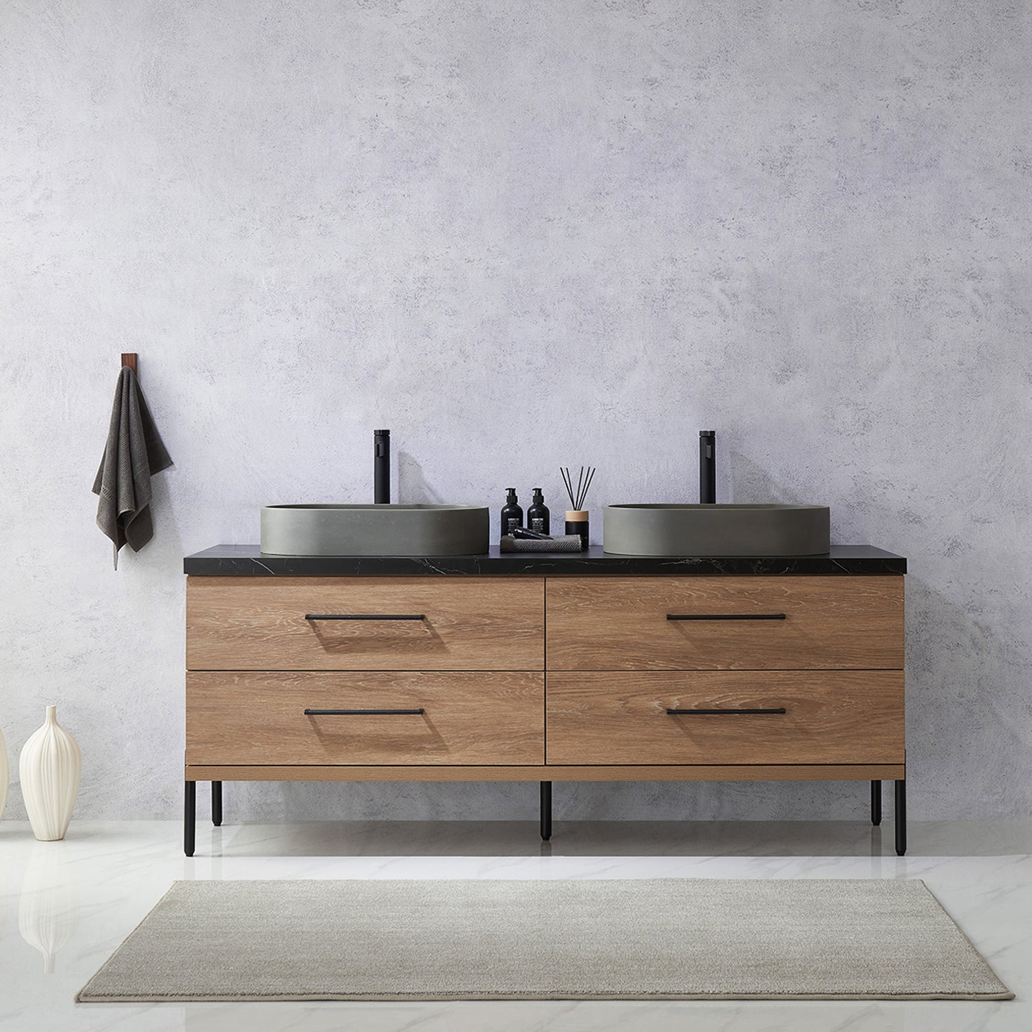 Trento 72" Double Vanity in North American Oak with Black Sintered Stone Top with Oval Concrete Sink