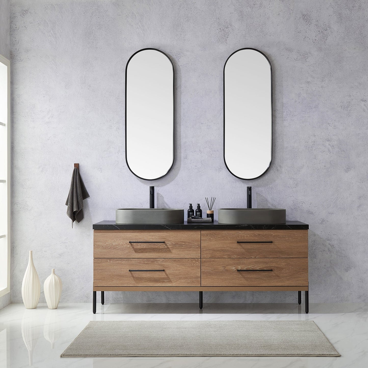 Trento 72" Double Vanity in North American Oak with Black Sintered Stone Top with Oval Concrete Sink