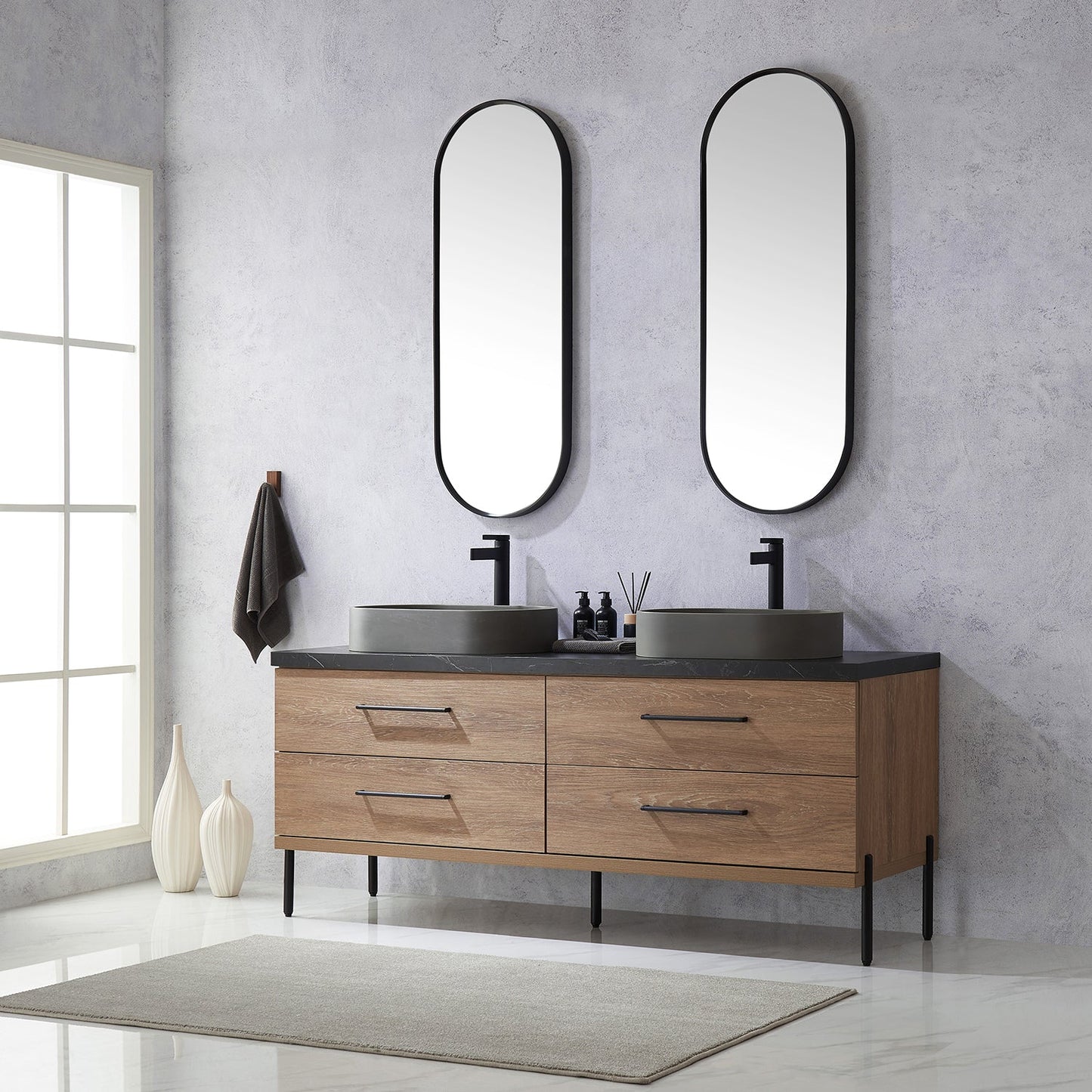 Trento 72" Double Vanity in North American Oak with Black Sintered Stone Top with Oval Concrete Sink