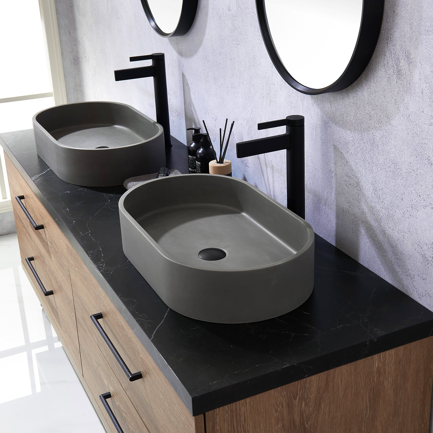 Trento 72" Double Vanity in North American Oak with Black Sintered Stone Top with Oval Concrete Sink