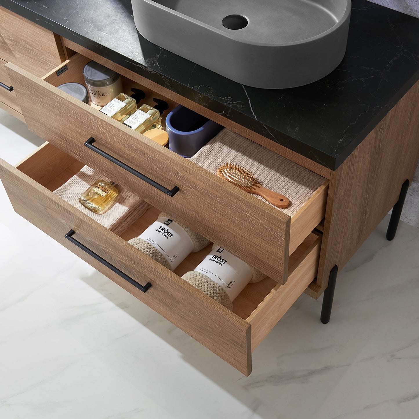 Trento 72" Double Vanity in North American Oak with Black Sintered Stone Top with Oval Concrete Sink