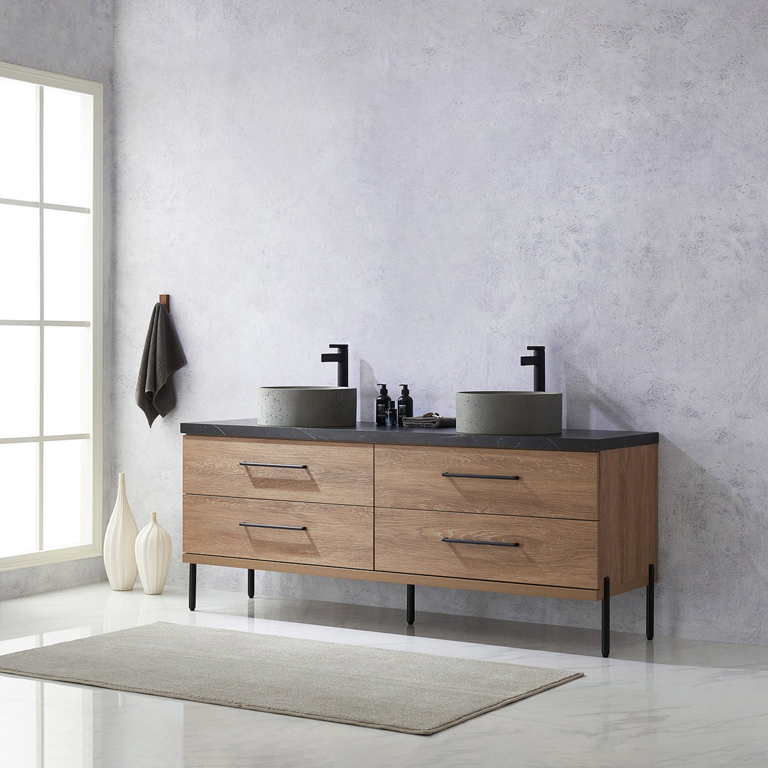 Trento 72" Double Vanity in North American Oak with Black Sintered Stone Top with Natural Circular Concrete Sink