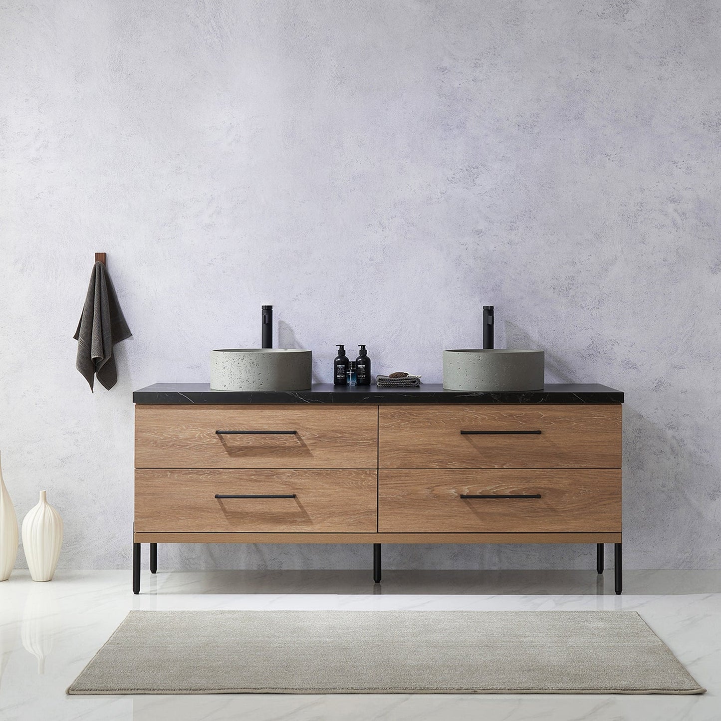 Trento 72" Double Vanity in North American Oak with Black Sintered Stone Top with Natural Circular Concrete Sink