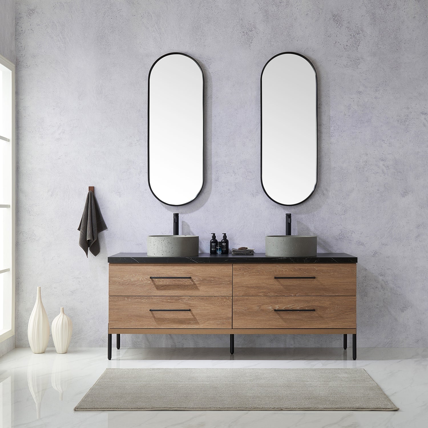 Trento 72" Double Vanity in North American Oak with Black Sintered Stone Top with Natural Circular Concrete Sink