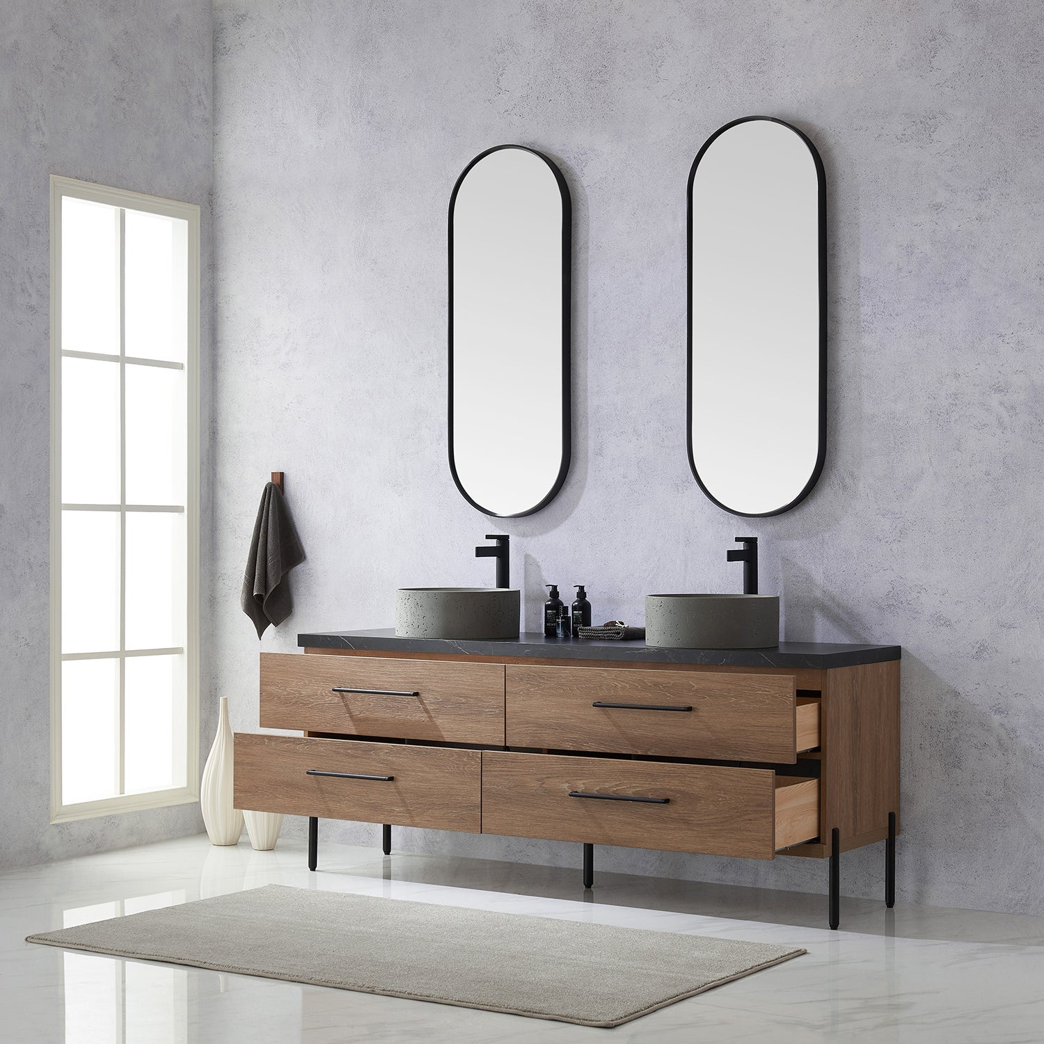 Trento 72" Double Vanity in North American Oak with Black Sintered Stone Top with Natural Circular Concrete Sink