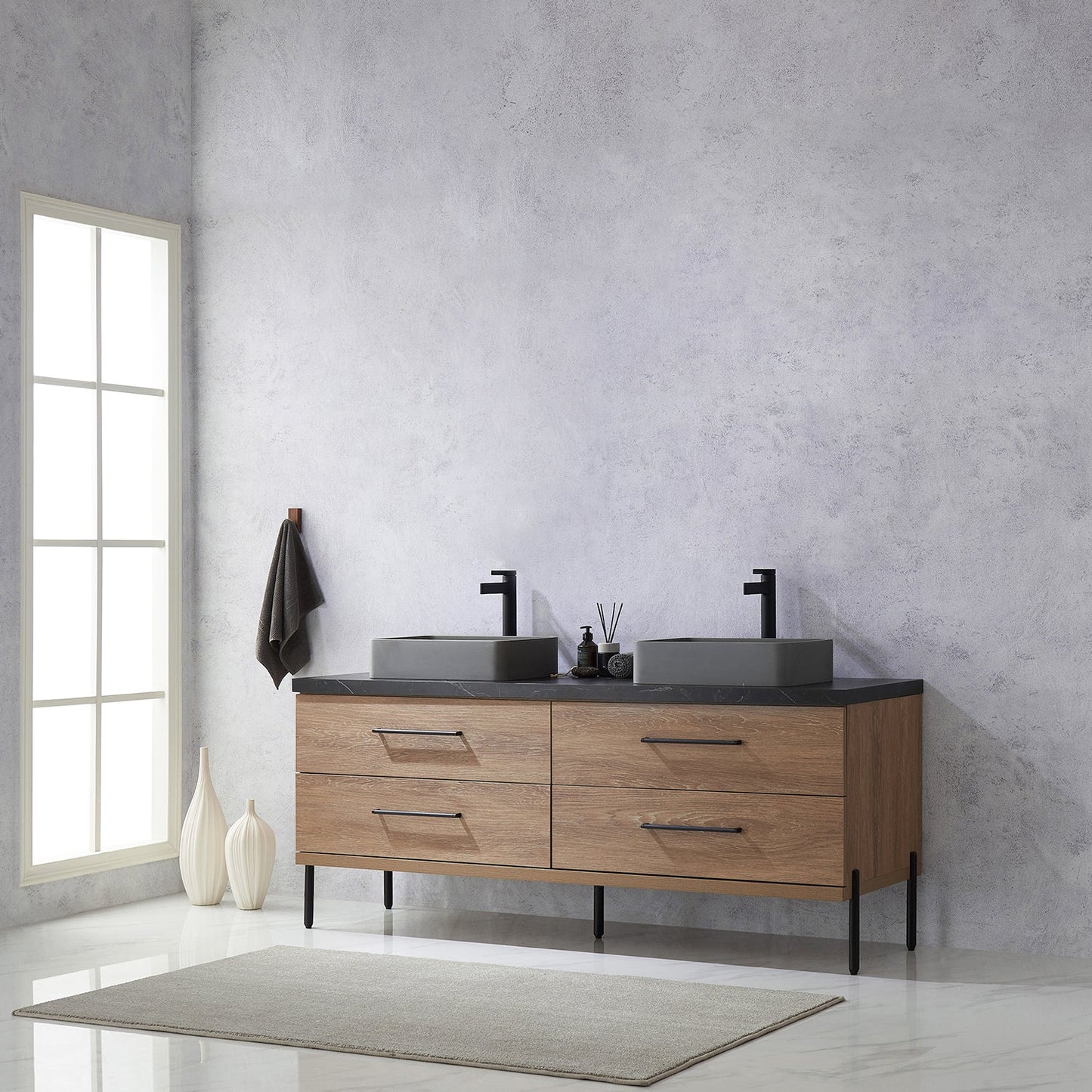 Trento 72" Double Vanity in North American Oak with Black Sintered Stone Top with Rectangular Concrete Sink