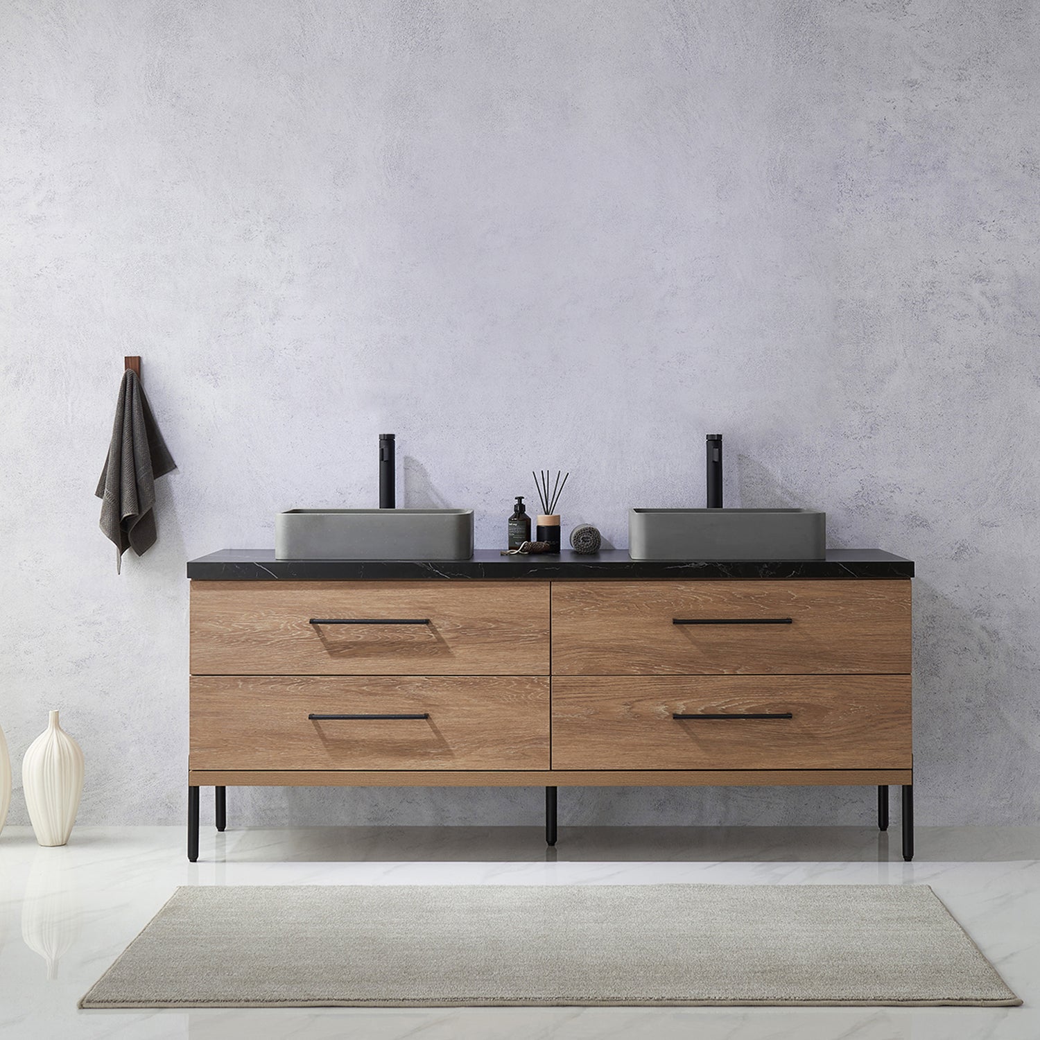 Trento 72" Double Vanity in North American Oak with Black Sintered Stone Top with Rectangular Concrete Sink