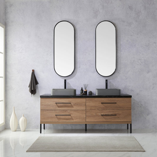 Trento 72" Double Vanity in North American Oak with Black Sintered Stone Top with Rectangular Concrete Sink