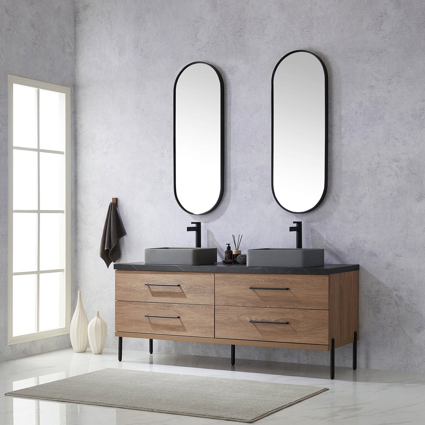 Trento 72" Double Vanity in North American Oak with Black Sintered Stone Top with Rectangular Concrete Sink