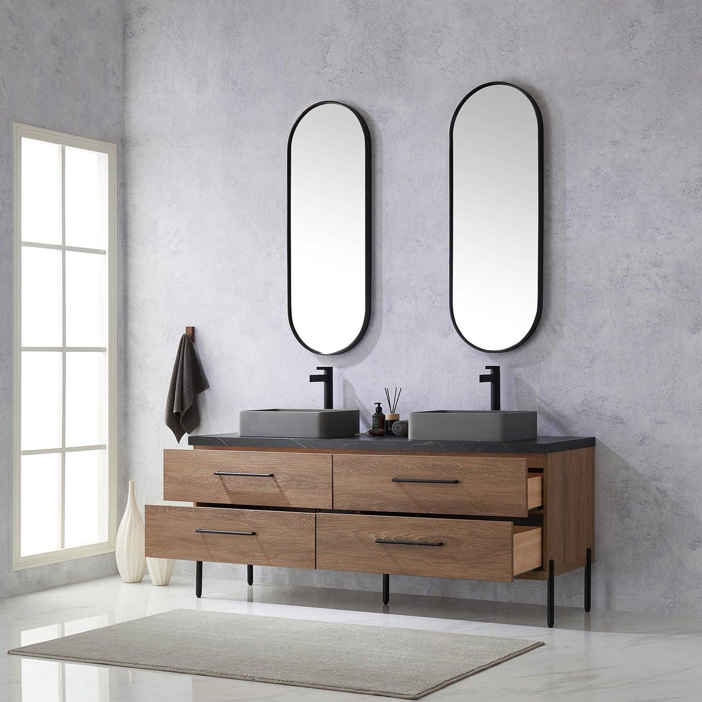 Trento 72" Double Vanity in North American Oak with Black Sintered Stone Top with Rectangular Concrete Sink