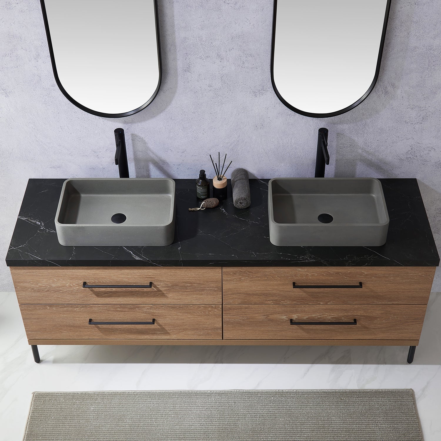 Trento 72" Double Vanity in North American Oak with Black Sintered Stone Top with Rectangular Concrete Sink