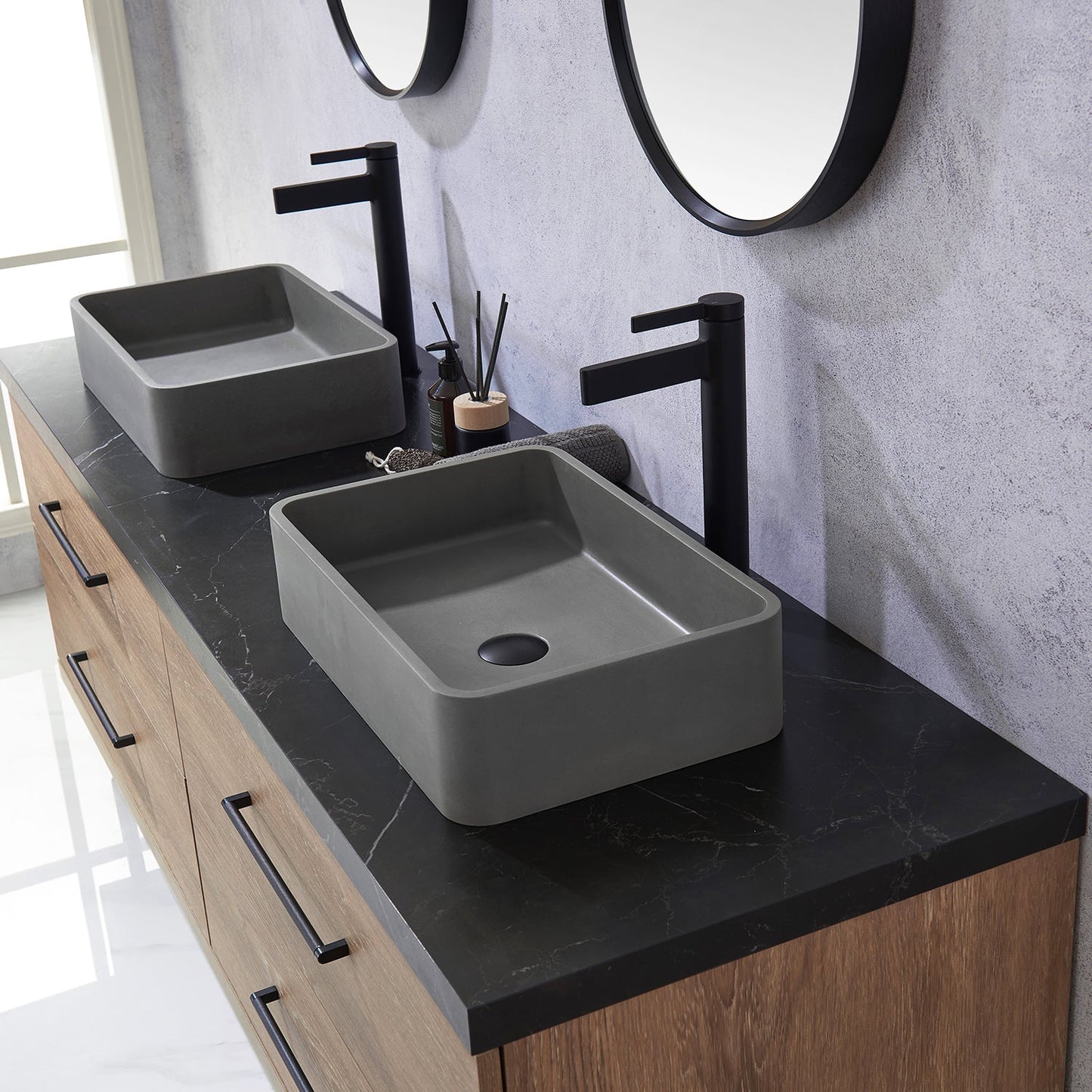 Trento 72" Double Vanity in North American Oak with Black Sintered Stone Top with Rectangular Concrete Sink