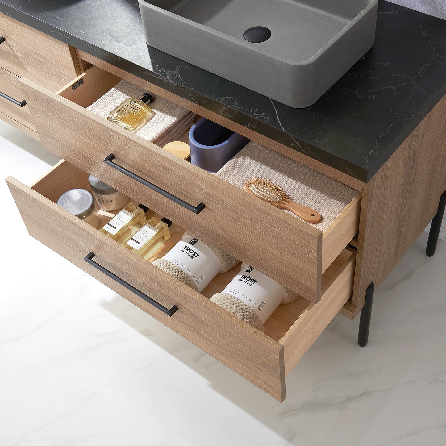 Trento 72" Double Vanity in North American Oak with Black Sintered Stone Top with Rectangular Concrete Sink