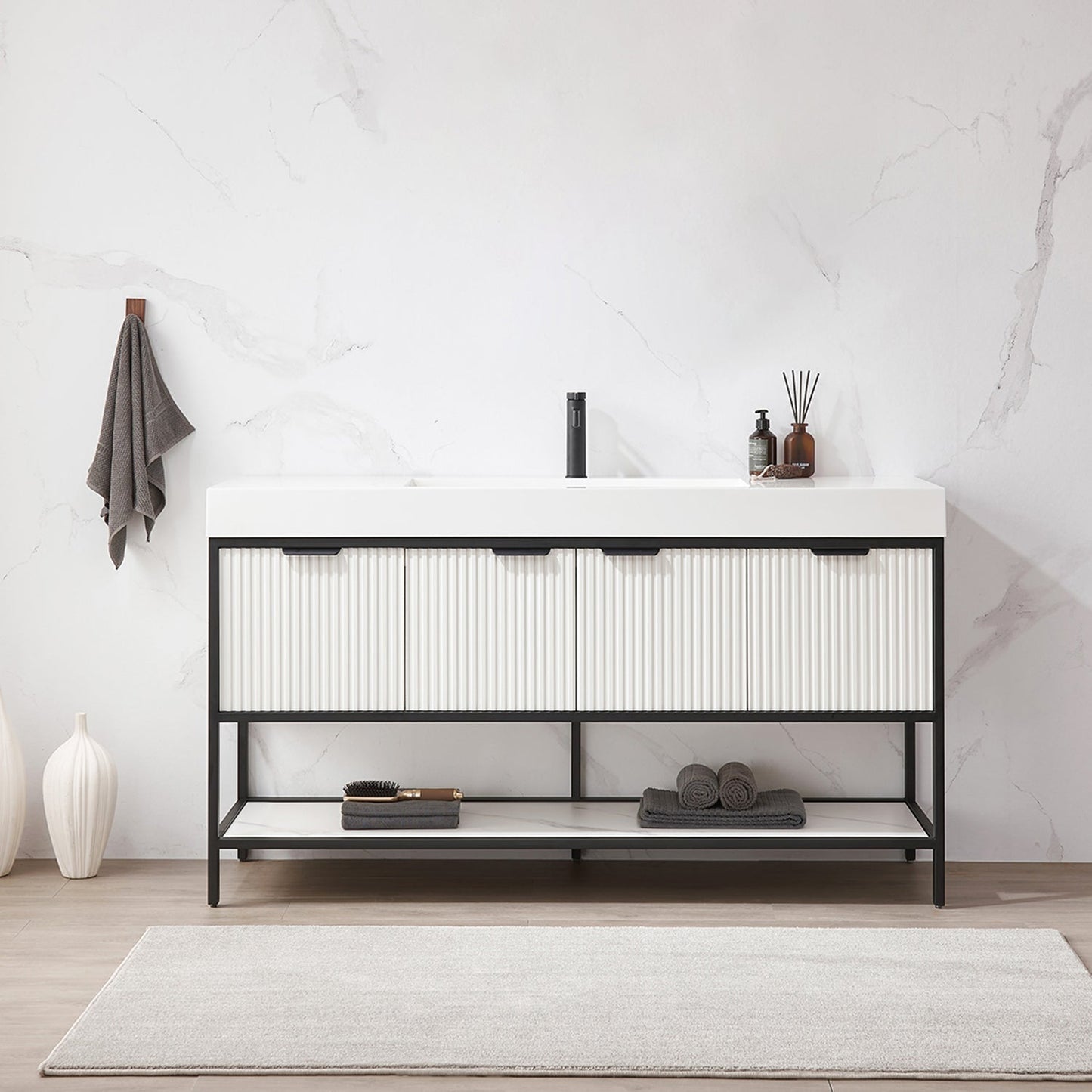 Marcilla 60" Single Sink Bath Vanity in White with One-Piece Composite Stone Sink Top