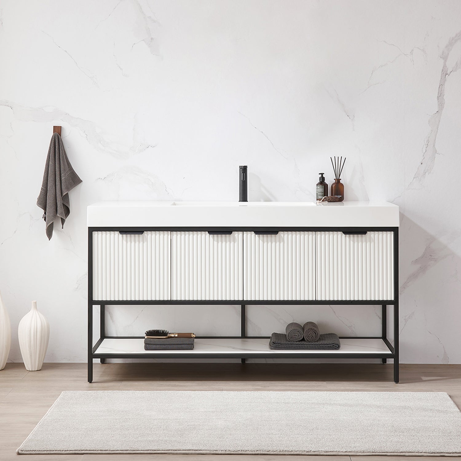 Marcilla 60" Single Sink Bath Vanity in White with One-Piece Composite Stone Sink Top