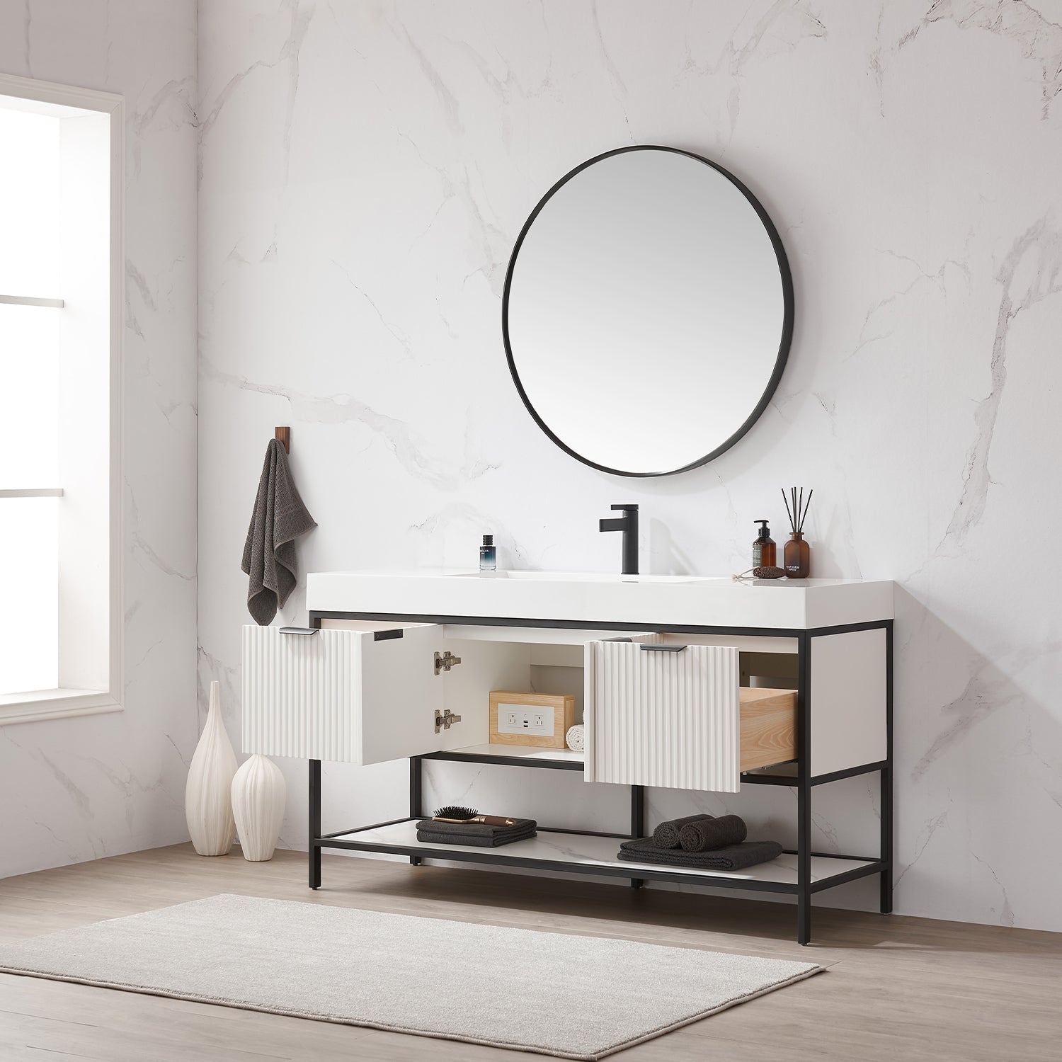Marcilla 60" Single Sink Bath Vanity in White with One-Piece Composite Stone Sink Top