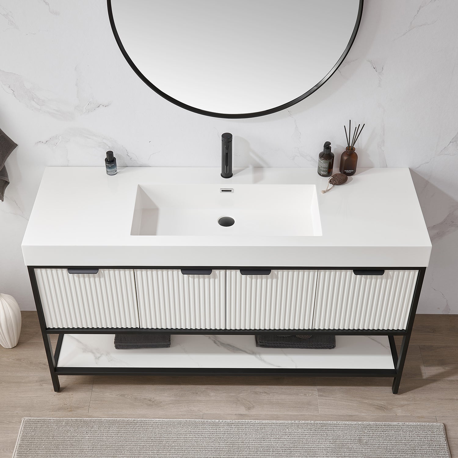 Marcilla 60" Single Sink Bath Vanity in White with One-Piece Composite Stone Sink Top