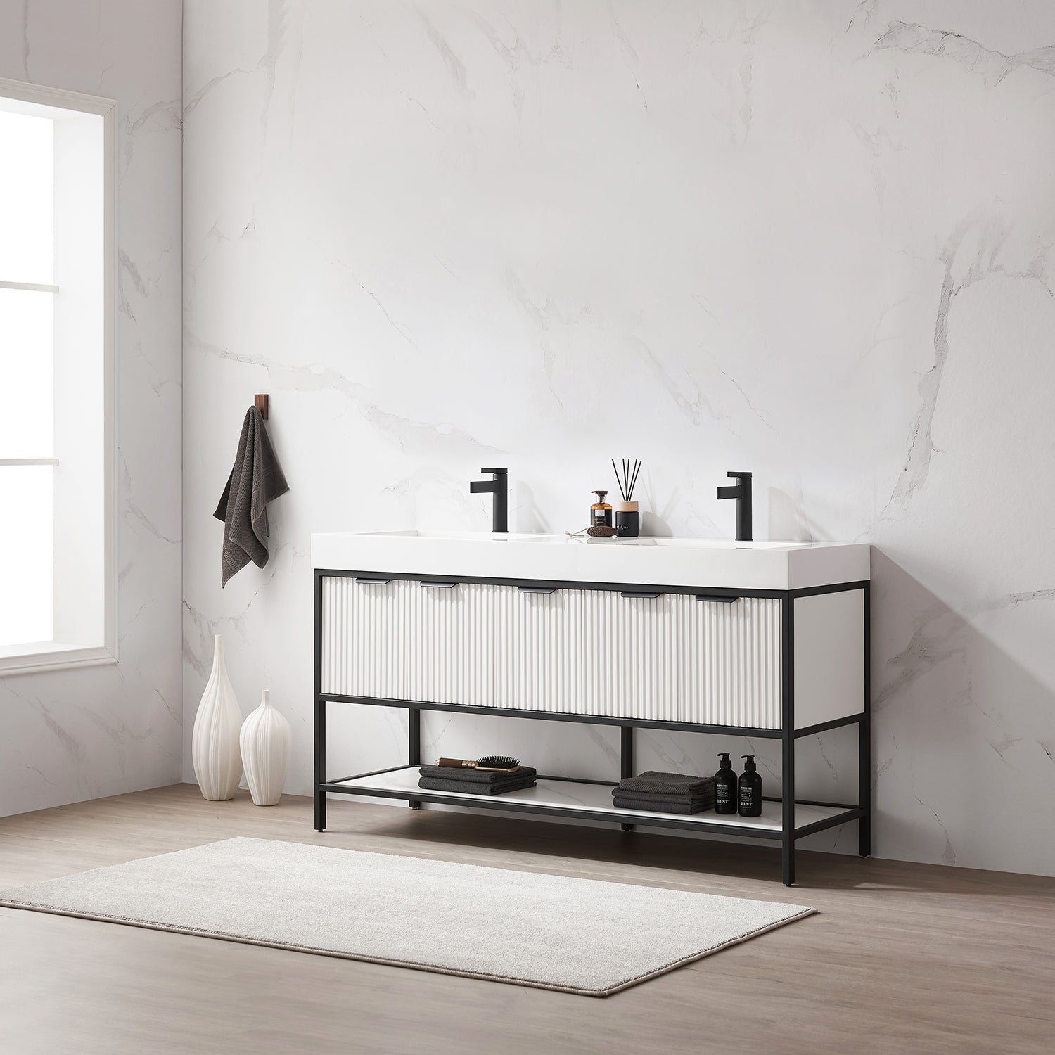 Marcilla 60" Double Sink Bath Vanity in White with One-Piece Composite Stone Sink Top