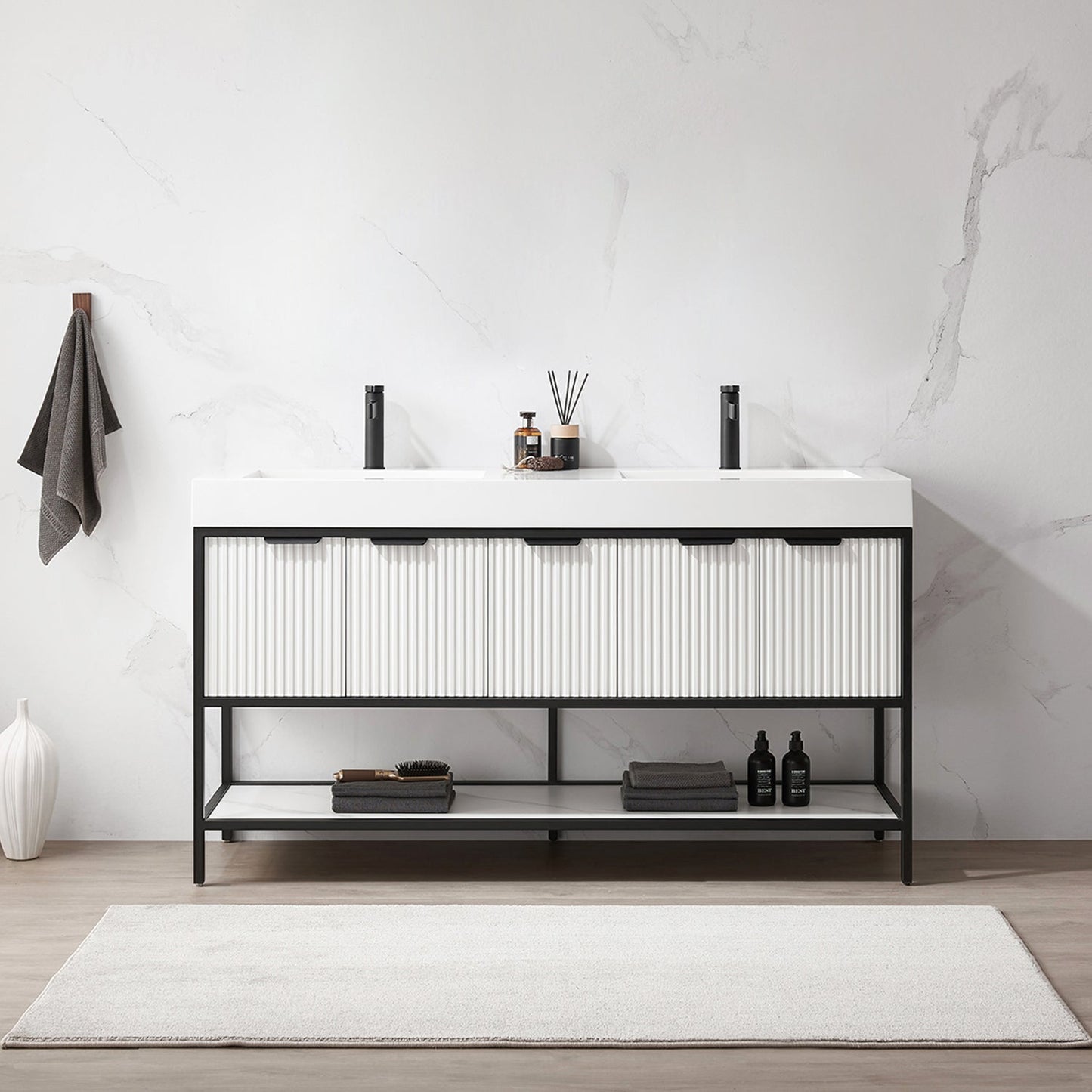 Marcilla 60" Double Sink Bath Vanity in White with One-Piece Composite Stone Sink Top