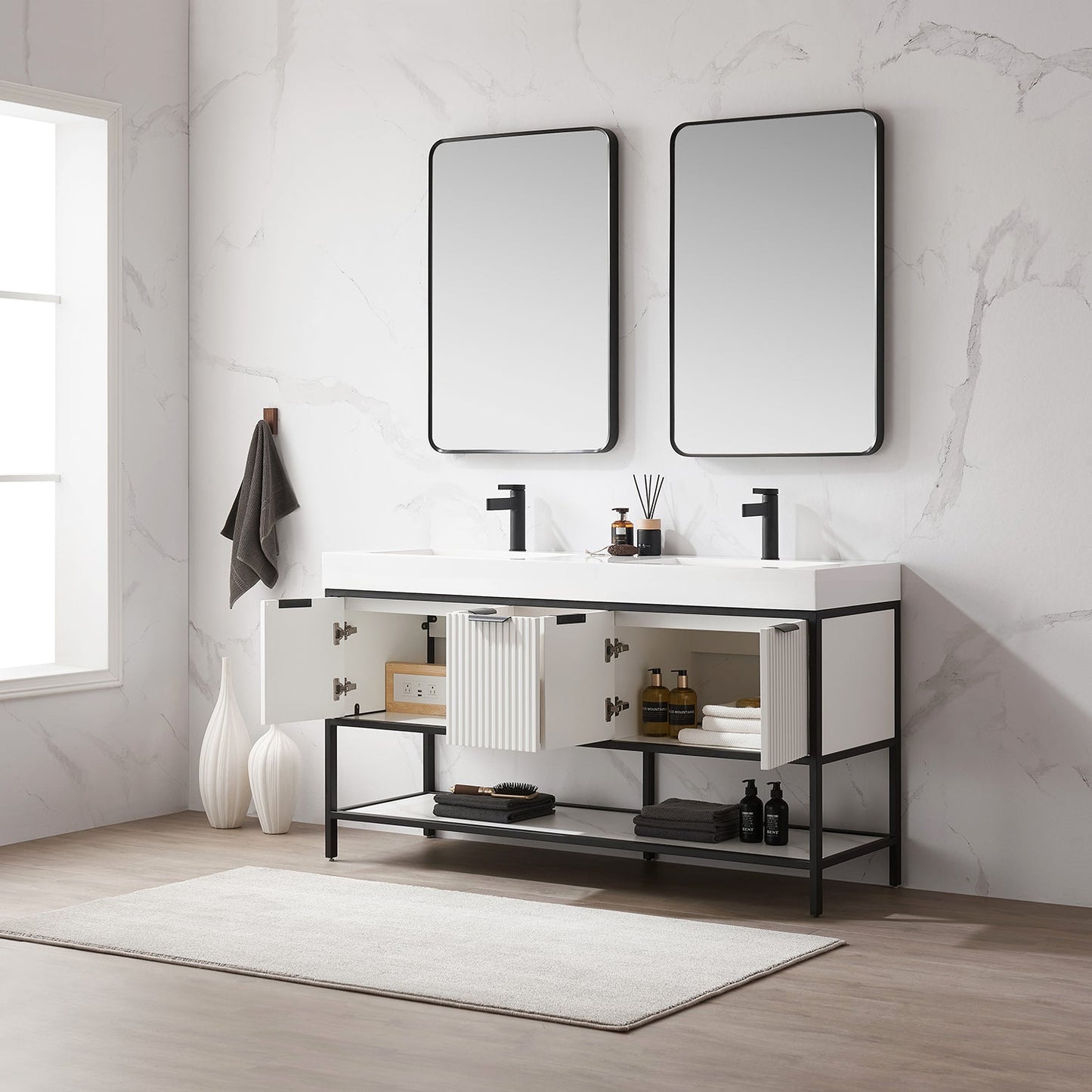 Marcilla 60" Double Sink Bath Vanity in White with One-Piece Composite Stone Sink Top