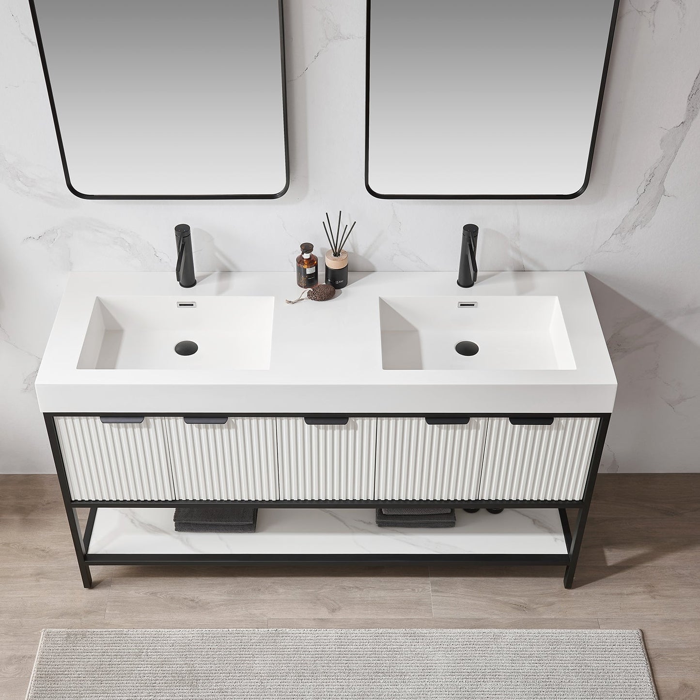 Marcilla 60" Double Sink Bath Vanity in White with One-Piece Composite Stone Sink Top