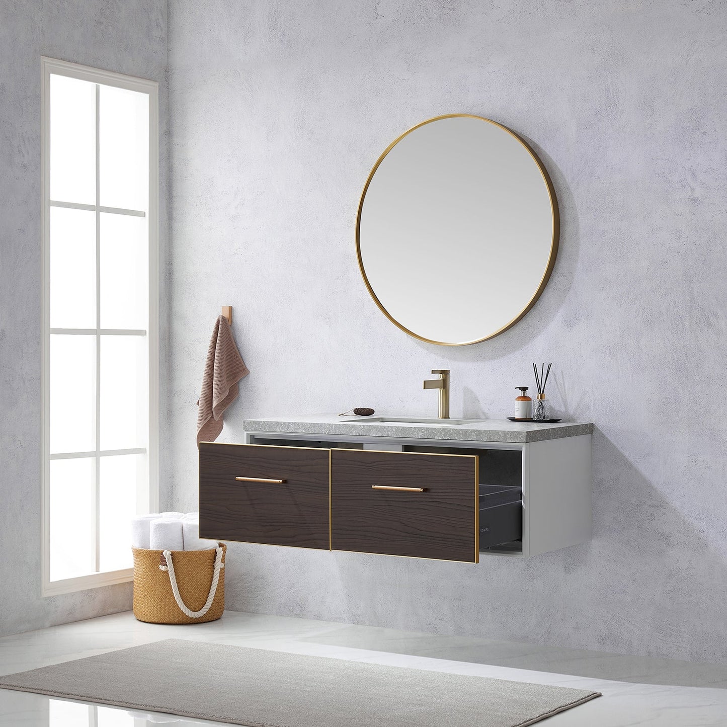 Caparroso 48" Single Sink Bath Vanity in Dark Walnut  with Grey Sintered Stone Top