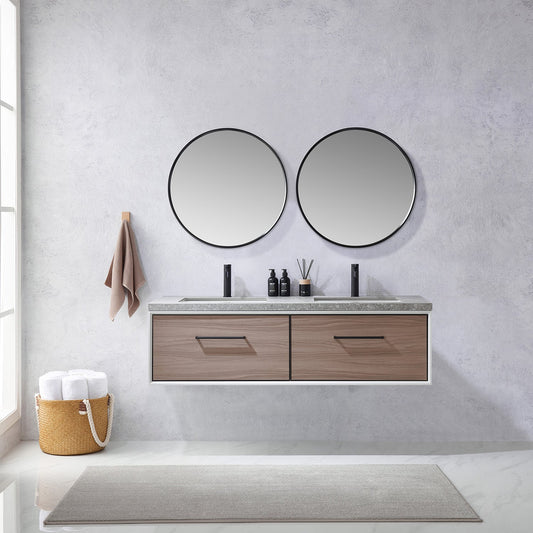 Caparroso 60" Double Sink Bath Vanity in Light Walnut with Grey Sintered Stone Top