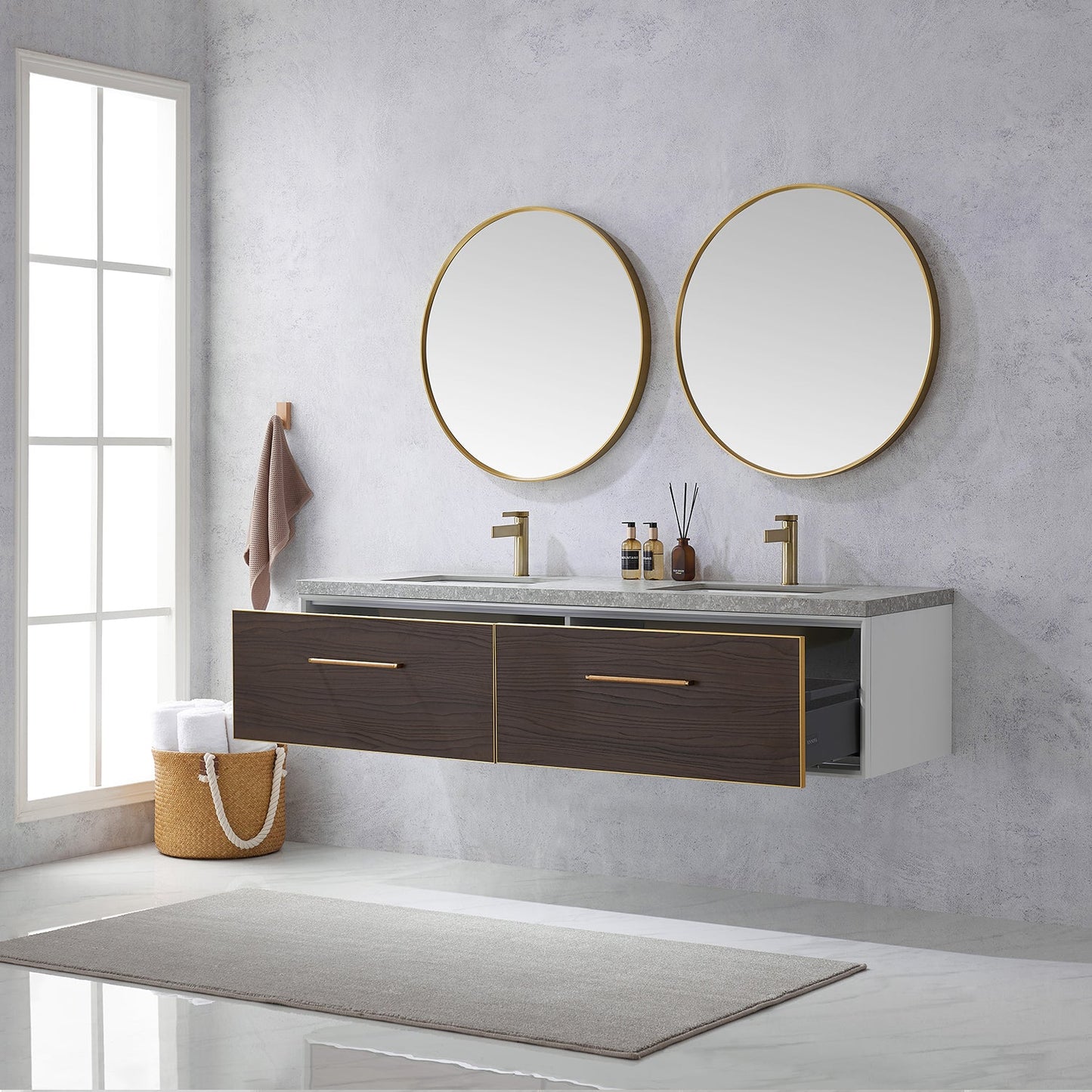 Caparroso 72" Double Sink Bath Vanity in Dark Walnut  with Grey Sintered Stone Top