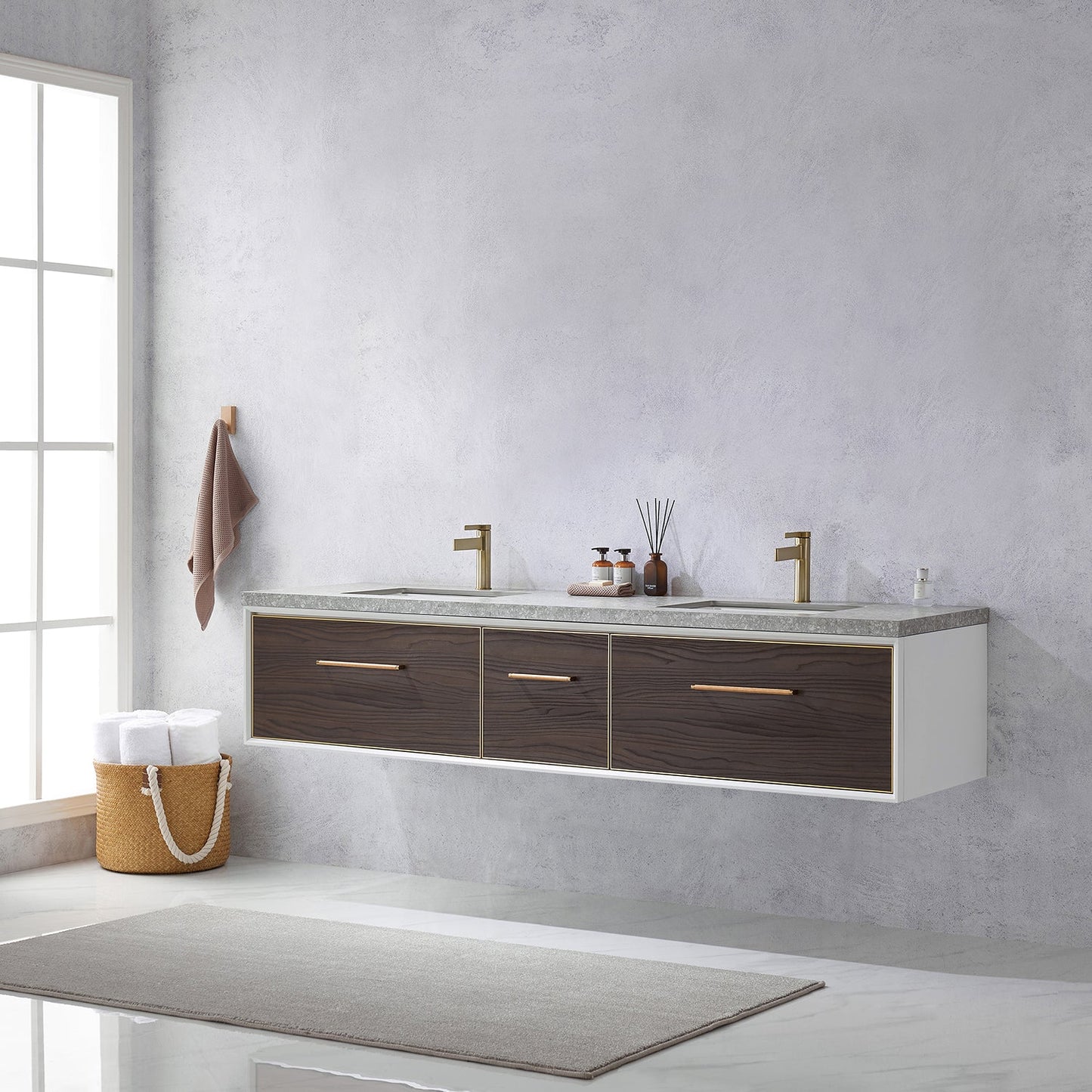 Caparroso 84" Double Sink Bath Vanity in Dark Walnut  with Grey Sintered Stone Top