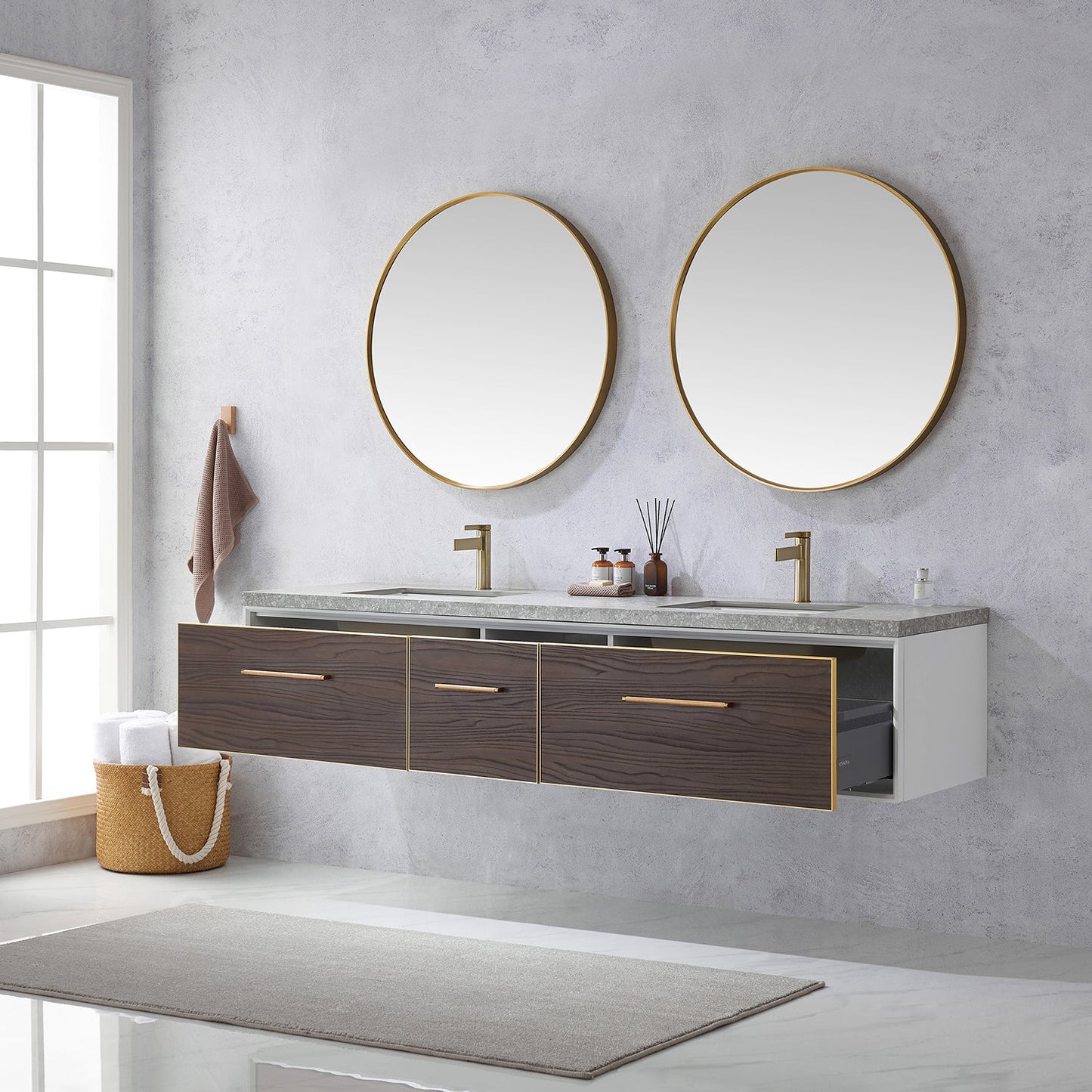 Caparroso 84" Double Sink Bath Vanity in Dark Walnut  with Grey Sintered Stone Top