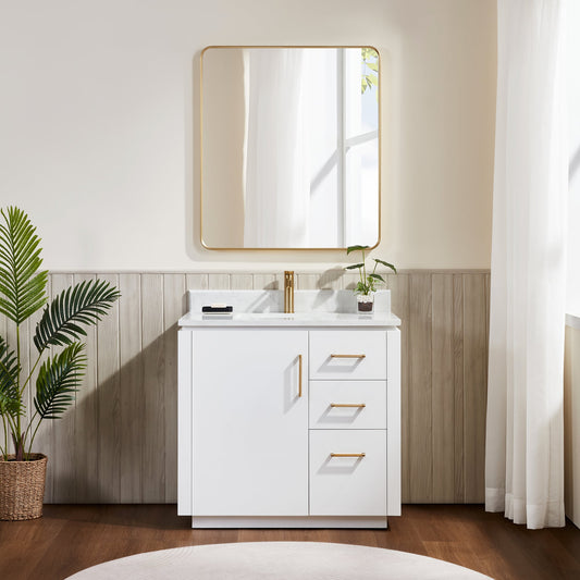 San 36" Free-standing Single Bath Vanity in White with White Grain Composite Stone Top