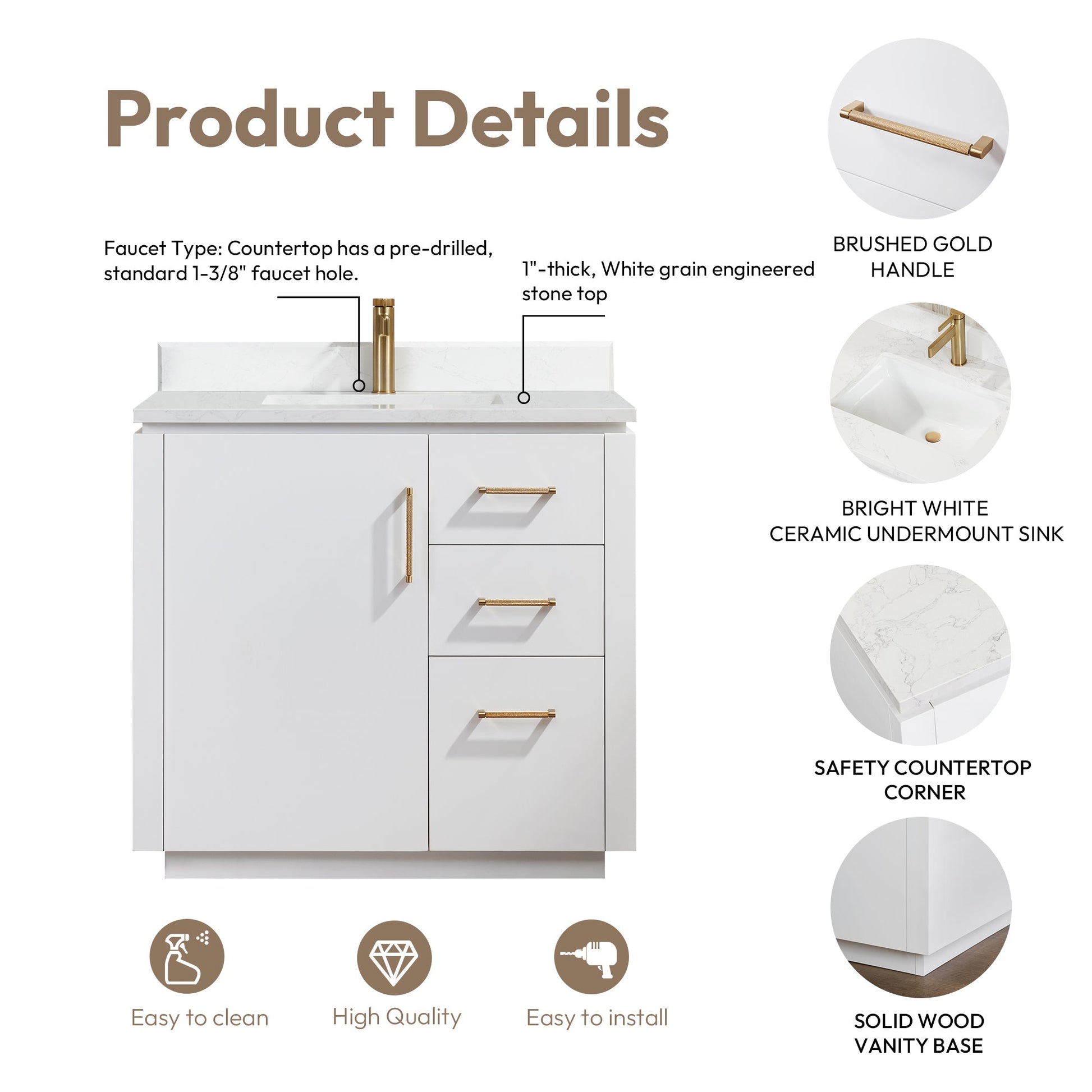 San 36" Free-standing Single Bath Vanity in White with White Grain Composite Stone Top