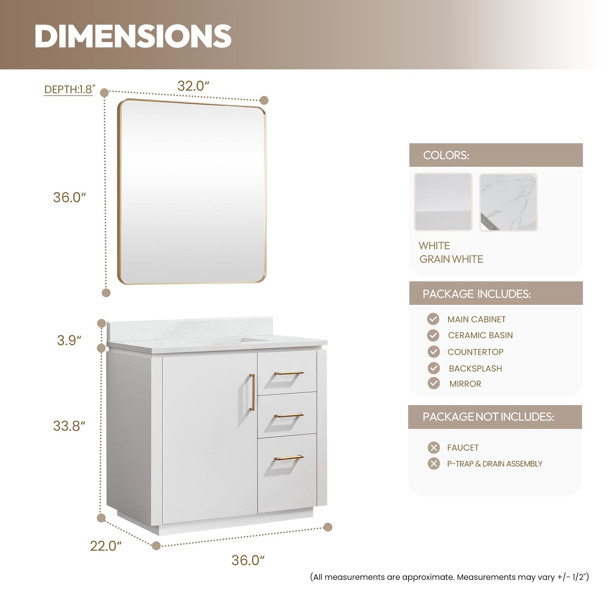 San 36" Free-standing Single Bath Vanity in White with White Grain Composite Stone Top