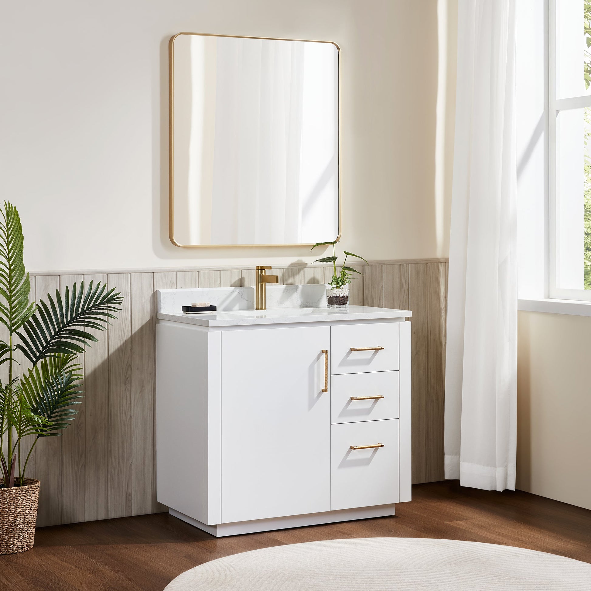 San 36" Free-standing Single Bath Vanity in White with White Grain Composite Stone Top