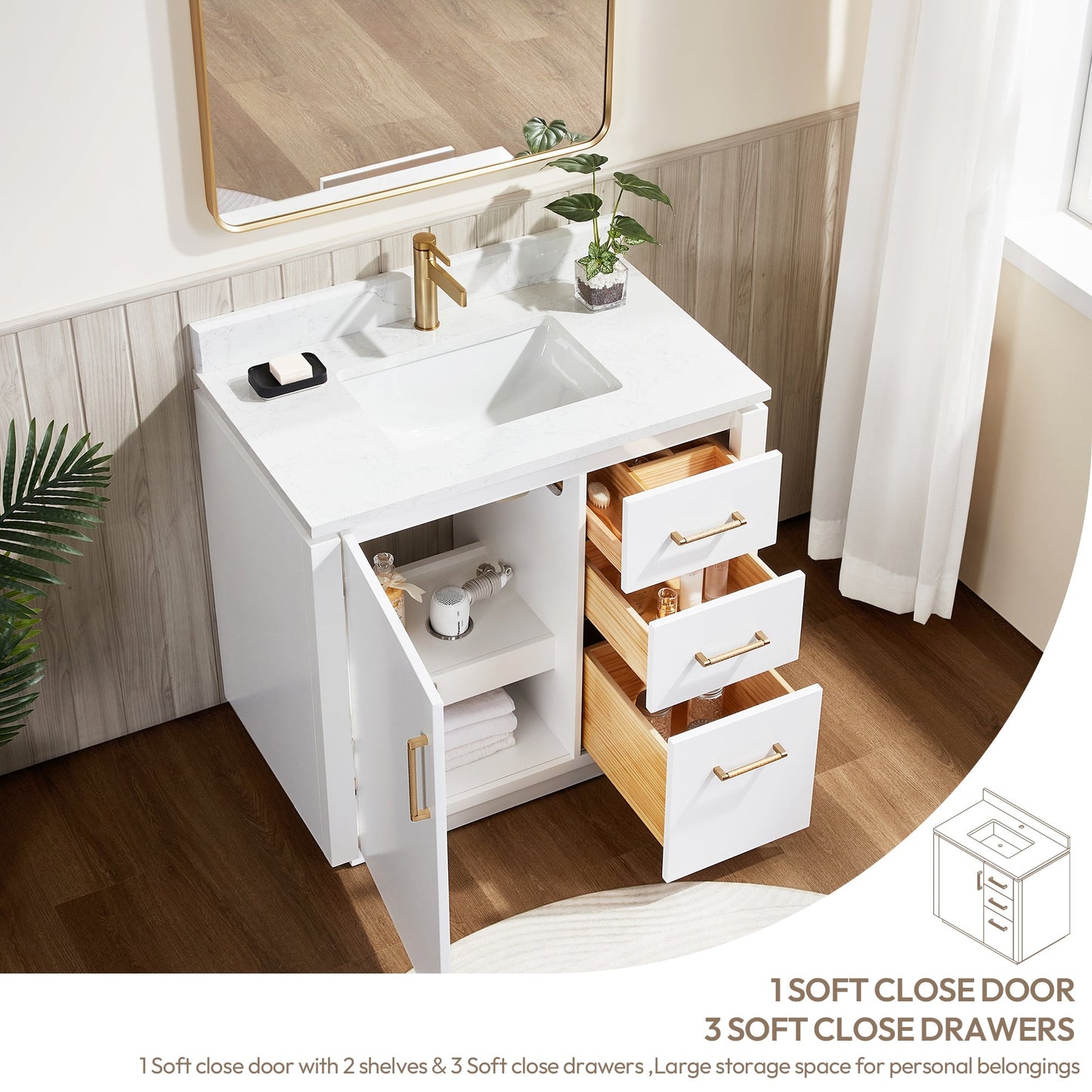 San 36" Free-standing Single Bath Vanity in White with White Grain Composite Stone Top